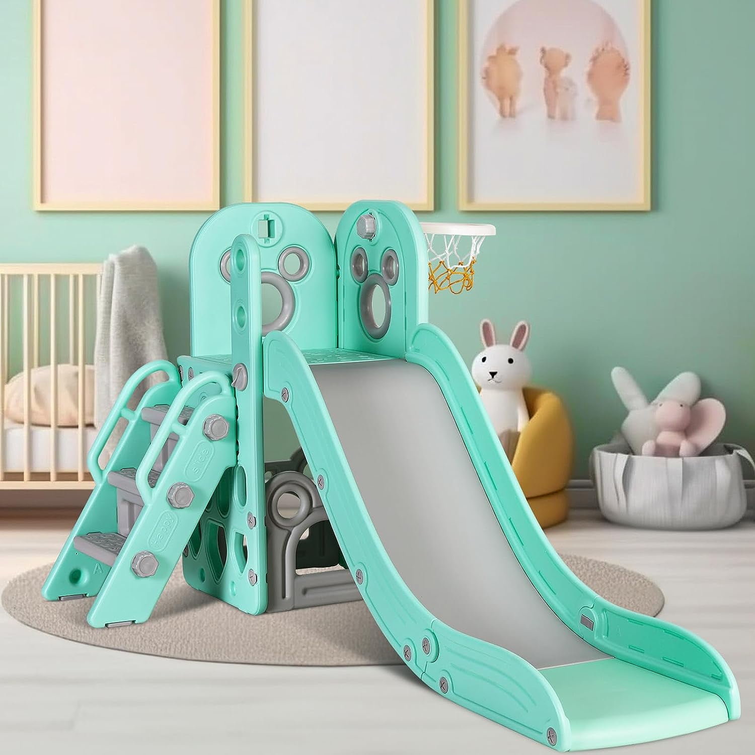LAZY BUDDY 4-in-1 Toddler Slide and Climber Playset with Basketball Hoop (Green) abxyq