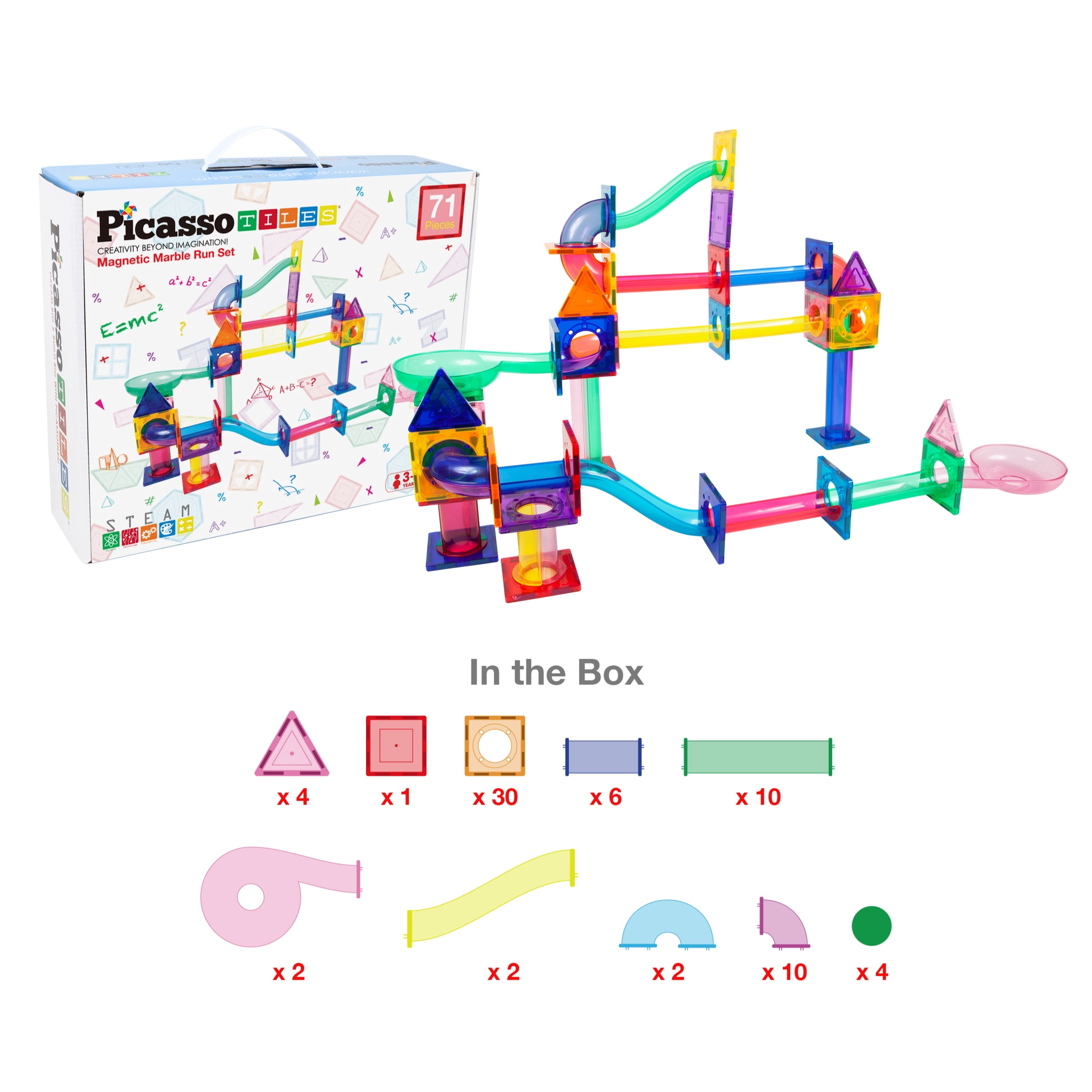 PICASSO TILES Marble Run Magnetic Building Blocks STEM Educational Race Track Set (71 Pieces) hrskg