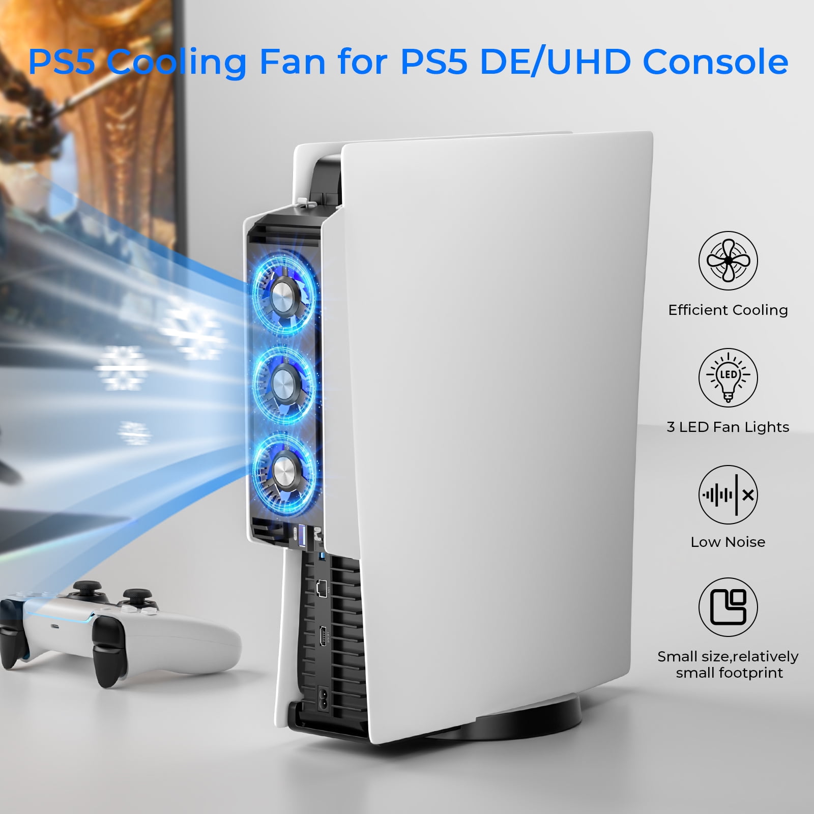 BRHE PS5 Cooling Fan with LED Light and 3 Quiet Fans (Black, 1 Pack) 9zfgt