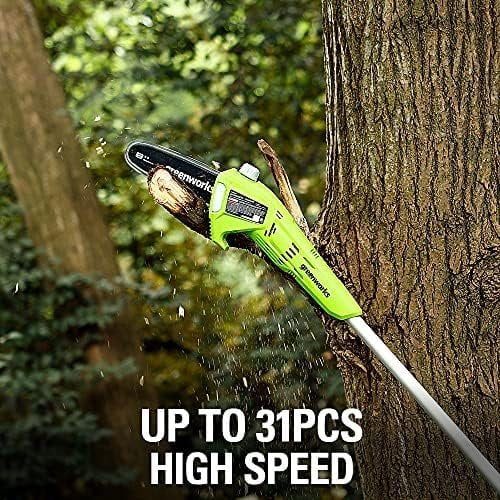 Greenworks 24V 8 in Cordless Pole Saw with 2.0Ah Battery and Charger (Green, 11 ft Reach) o7d4f