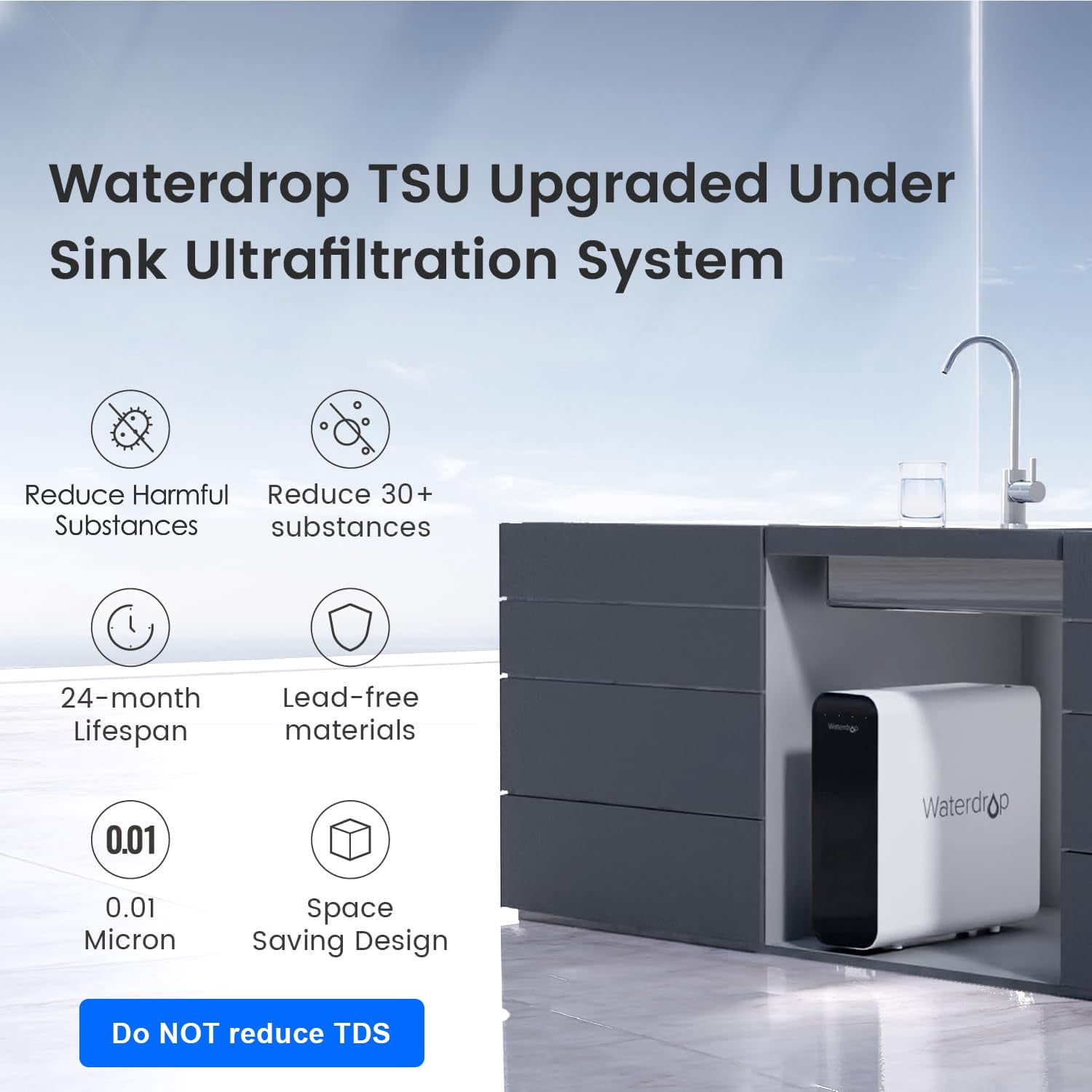 Waterdrop TSU 3-Stage Under Sink Water Filtration System (White, 4.68 in x 13.97 in x 14.81 in) 29zij