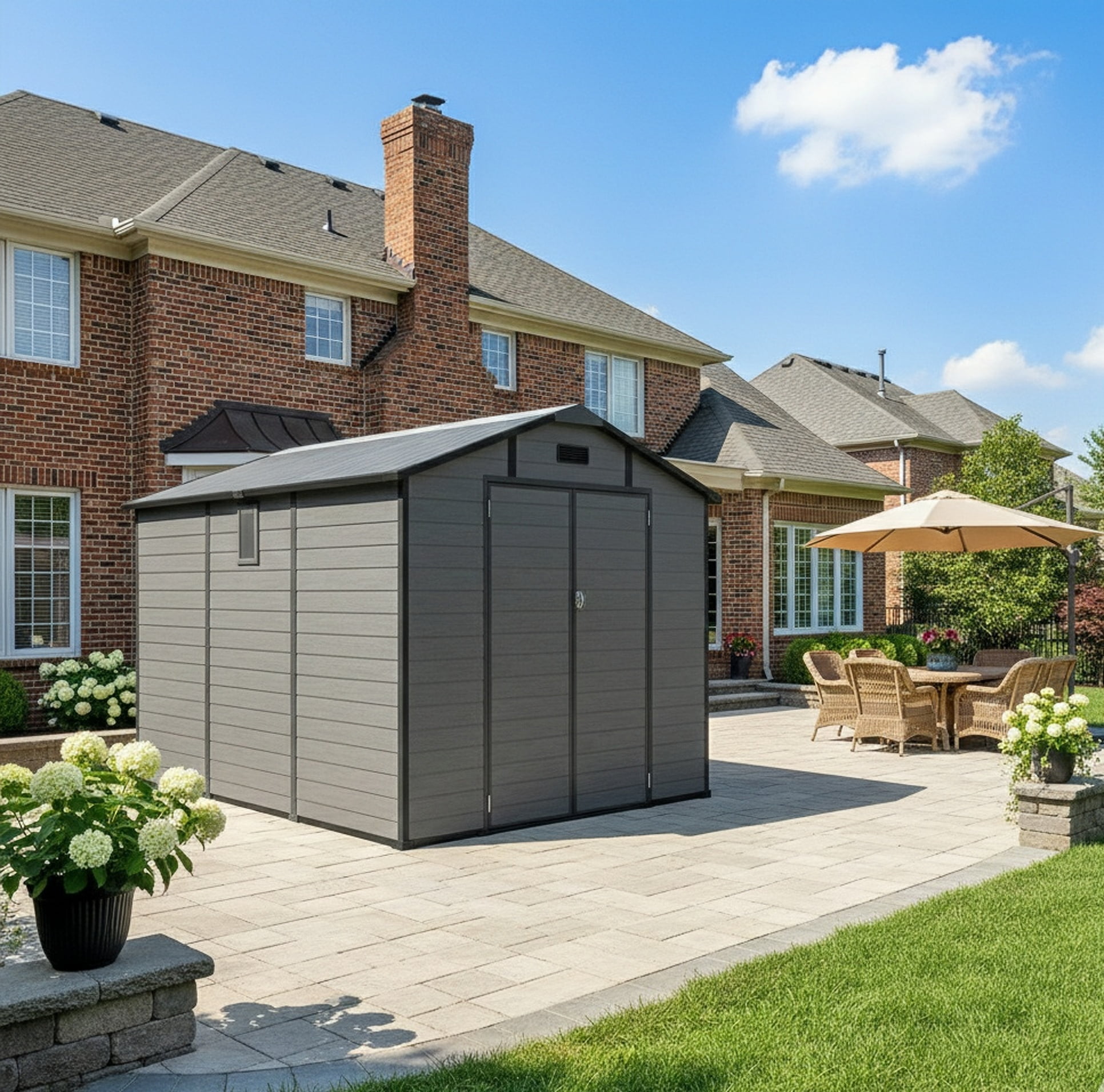 HomeMindful Large Outdoor Storage Shed, Weather-Resistant Resin Tool Shed with Floor, Skylight, and Lockable Double Doors (Dark Gray, 8x10 ft) px7hx