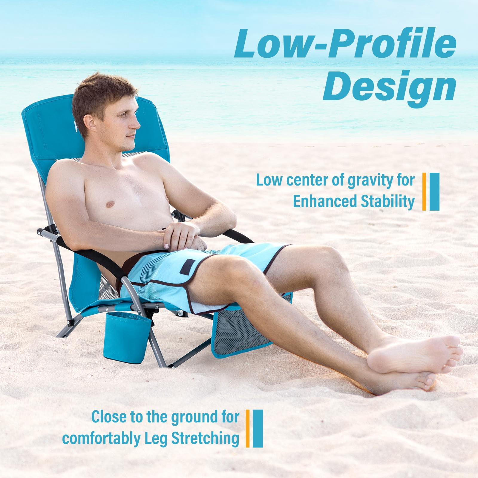 Umineux Folding Beach Chair for Adults, Portable Lightweight Outdoor Seat with Cup Holder (Light Blue, 22 in x 19.7 in x 27.5 in) tuui1