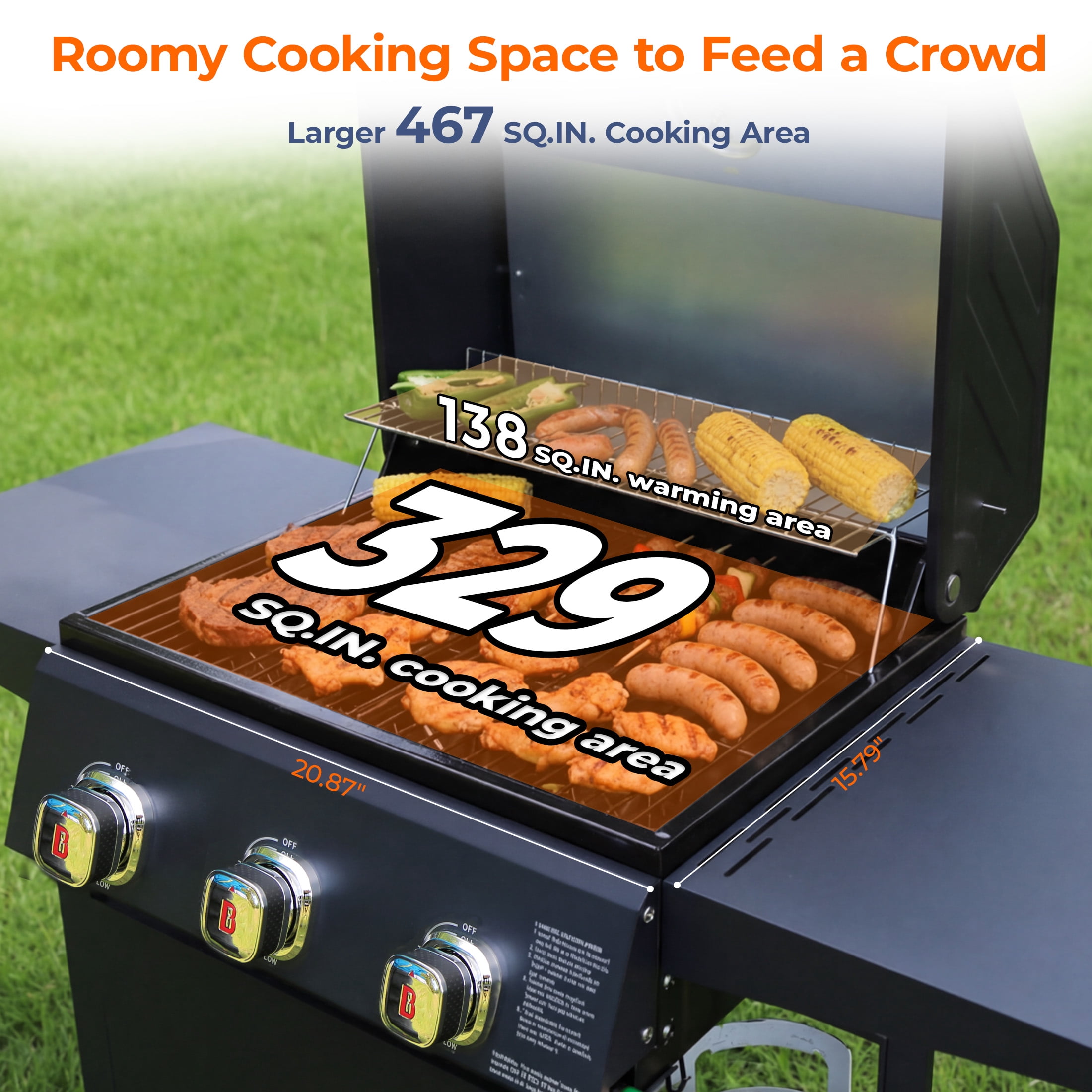 Fliintex 3-Burner Propane Gas Grill, Outdoor BBQ Grill with Porcelain-Coated Grates and Built-in Thermometer (Black, 467 sq. in.) r3jzw