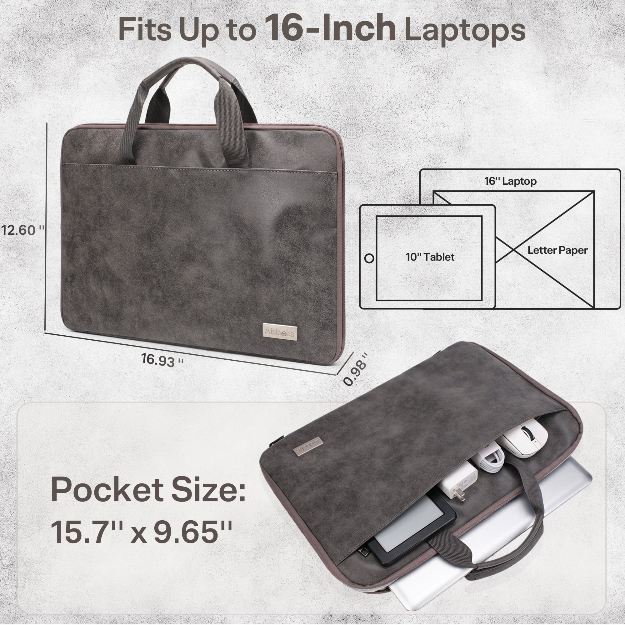 Aisboks Vintage Laptop Bag for 15.6-16 inch Devices, Premium PU Leather Sleeve with Luggage Strap and Accessory Pocket (Grey, 16 in) vesrd