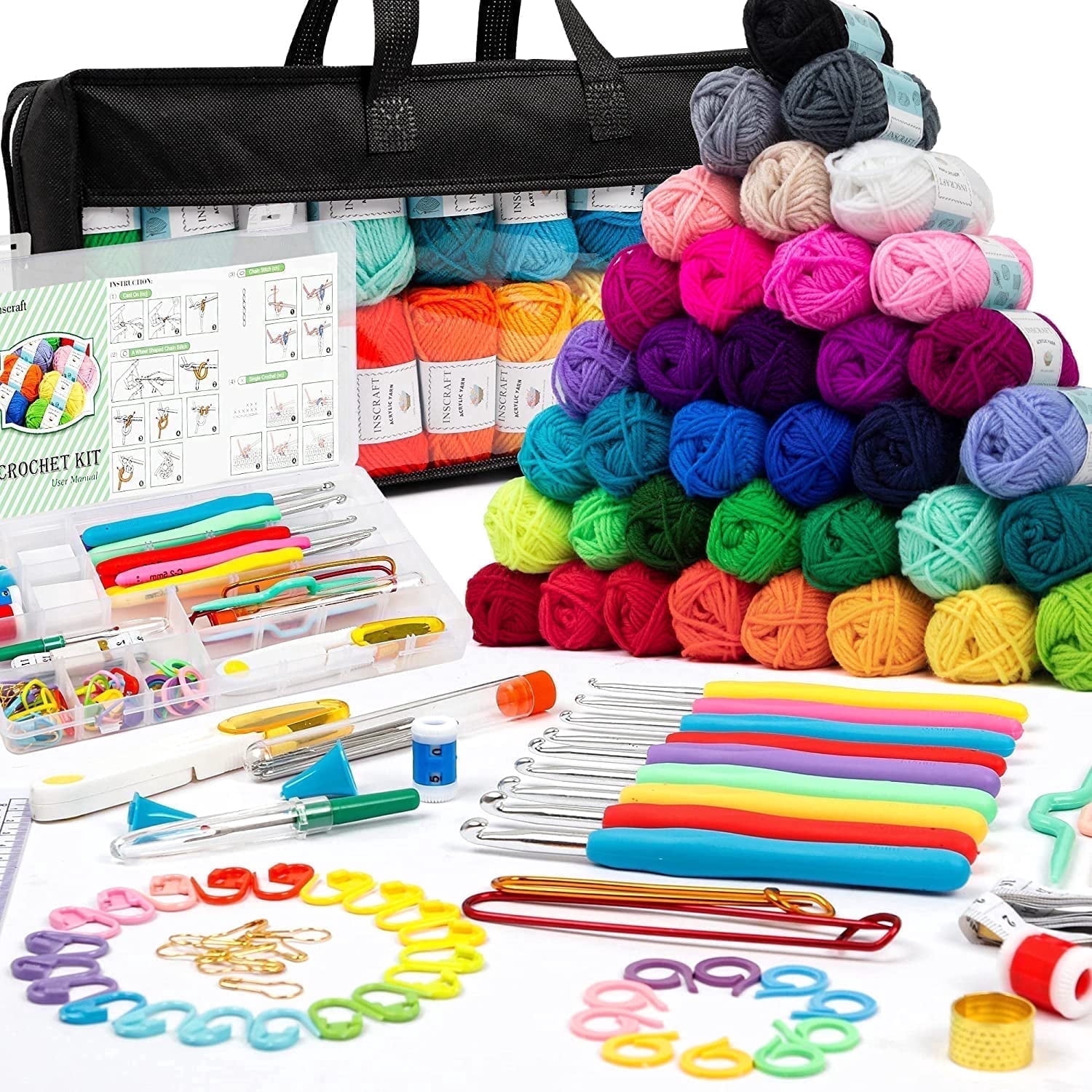 INSCRAFT Crochet Yarn Set with Ergonomic Hooks and Knitting Accessories (113 Piece, 1600 Yards) 59dom