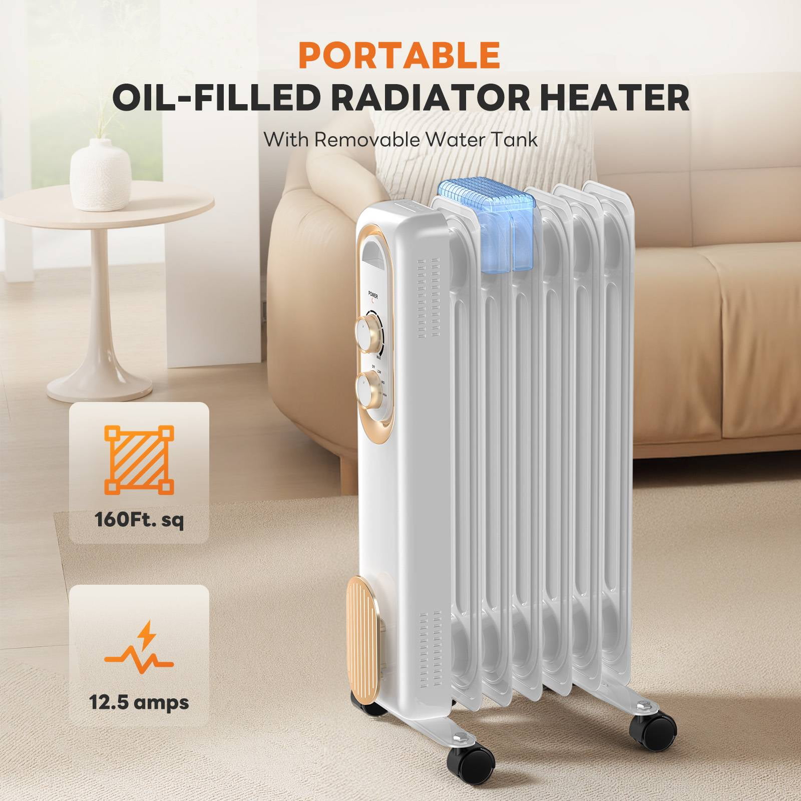 MCQ Oil Filled Radiator Heater, Portable Electric Space Heater with Adjustable Thermostat (White, 1500W) kmika