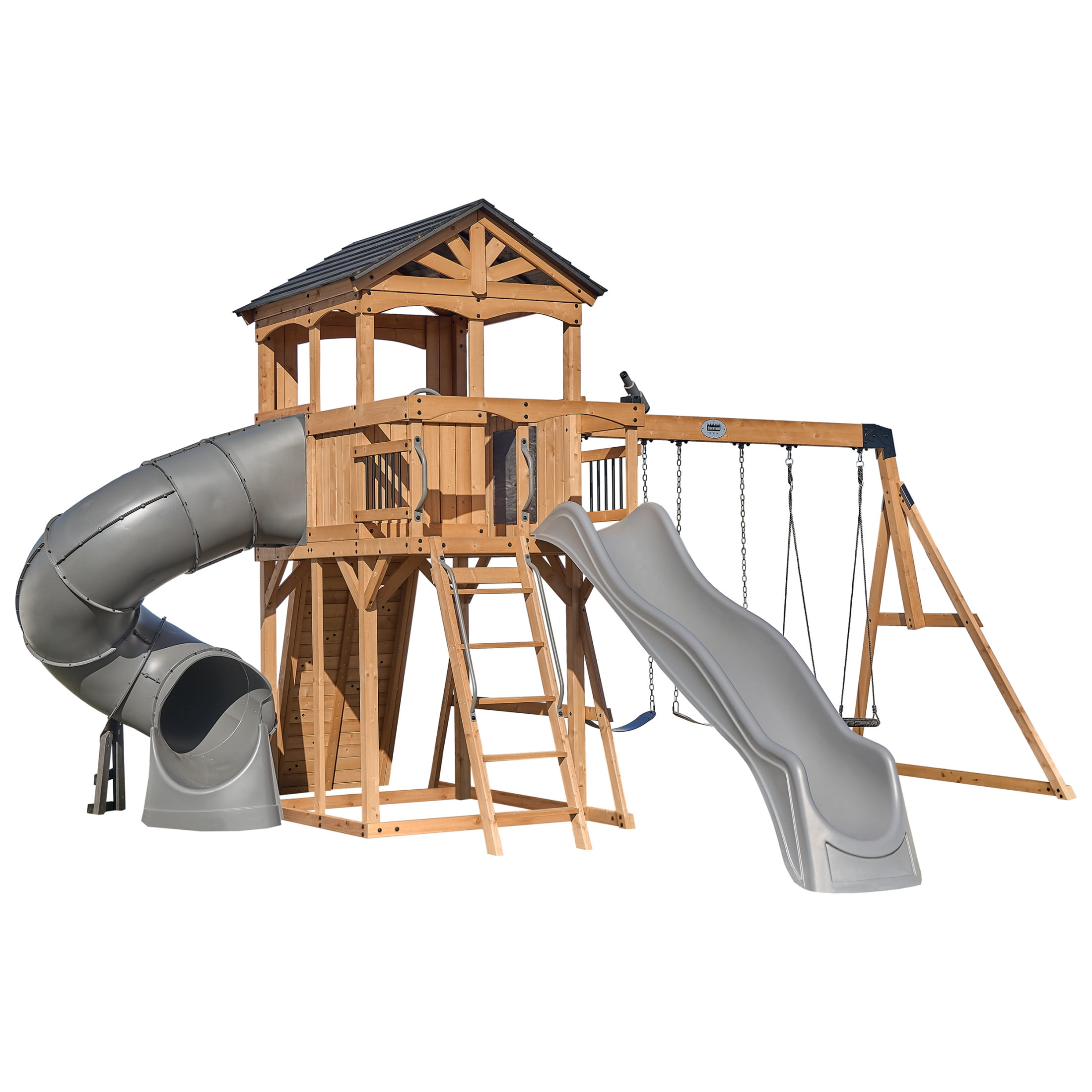 Backyard Discovery Dover Bay Spruce Swing Set with Clubhouse, Rock Wall, and Slides (Brown, 11-Child Capacity) 9d4n2
