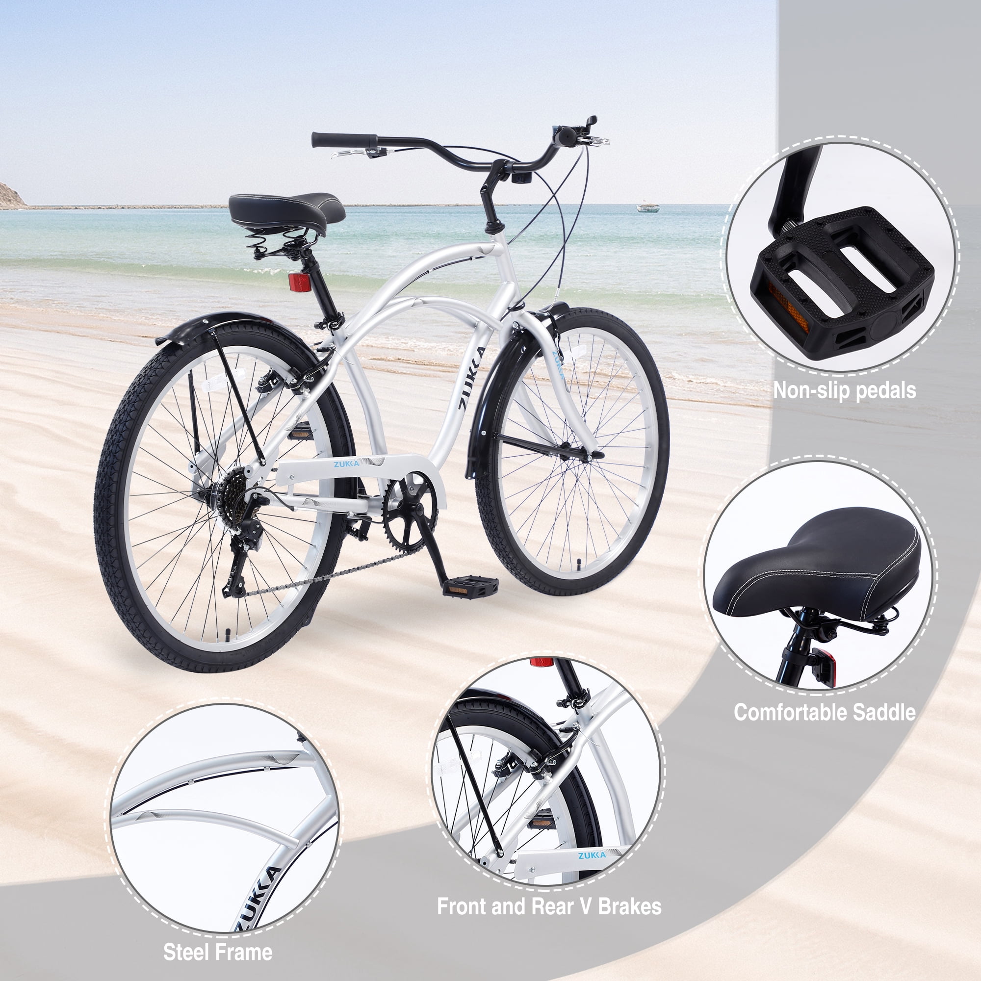 Babyfun Men's Beach Cruiser Bike 7-Speed Bicycle (Silver, 26 in) 94eds