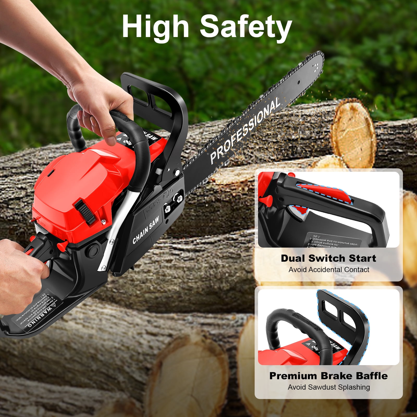 TOOL1SHOoo 58cc 2-Stroke Gasoline Chainsaw with 20 in Bar and Chain Brake (Red, 20 in) ng3mi
