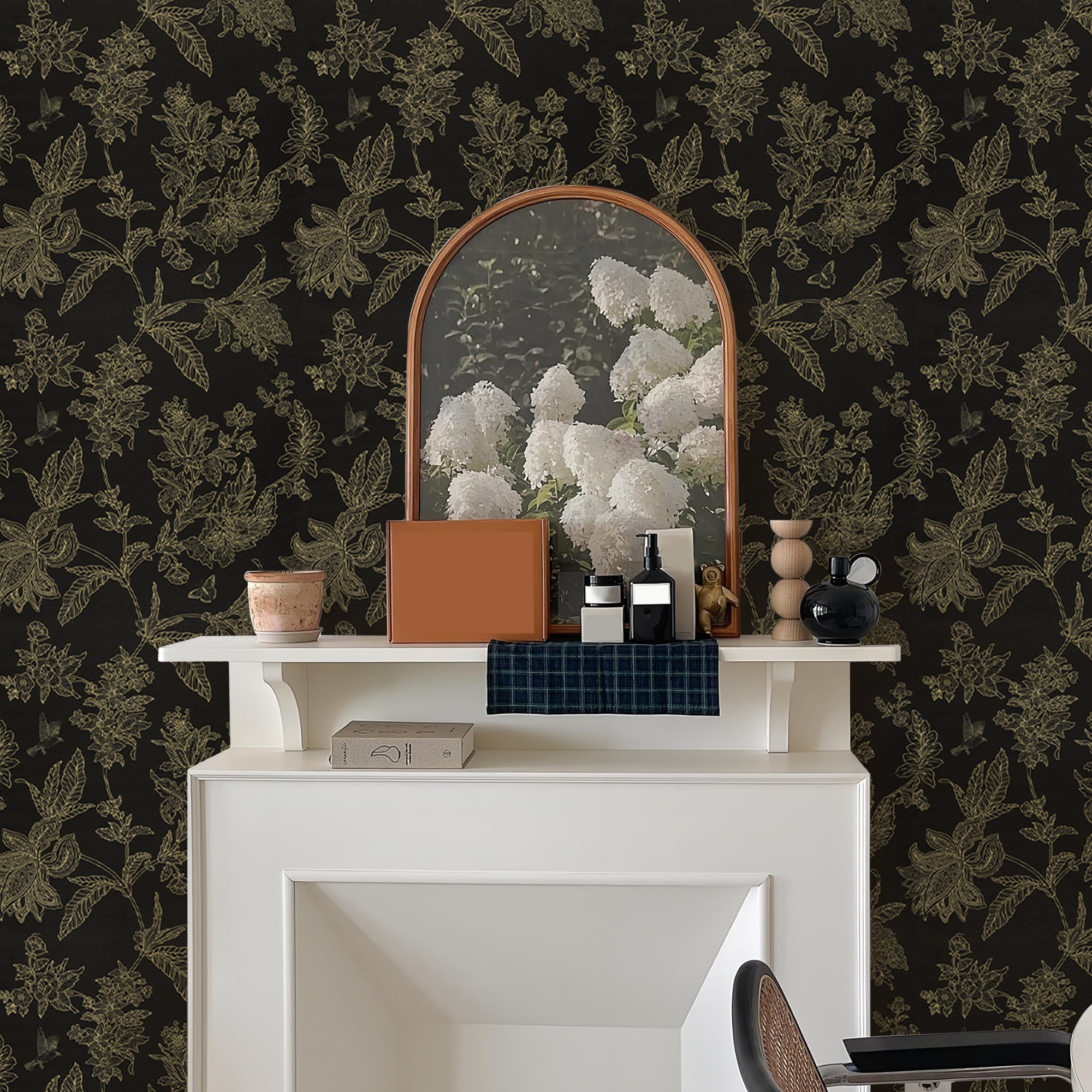 Abyssaly Floral Peel and Stick Wallpaper, Self-Adhesive Vinyl Wall Covering for Bedroom (Black, 17.5-in x 118-in) hxopv