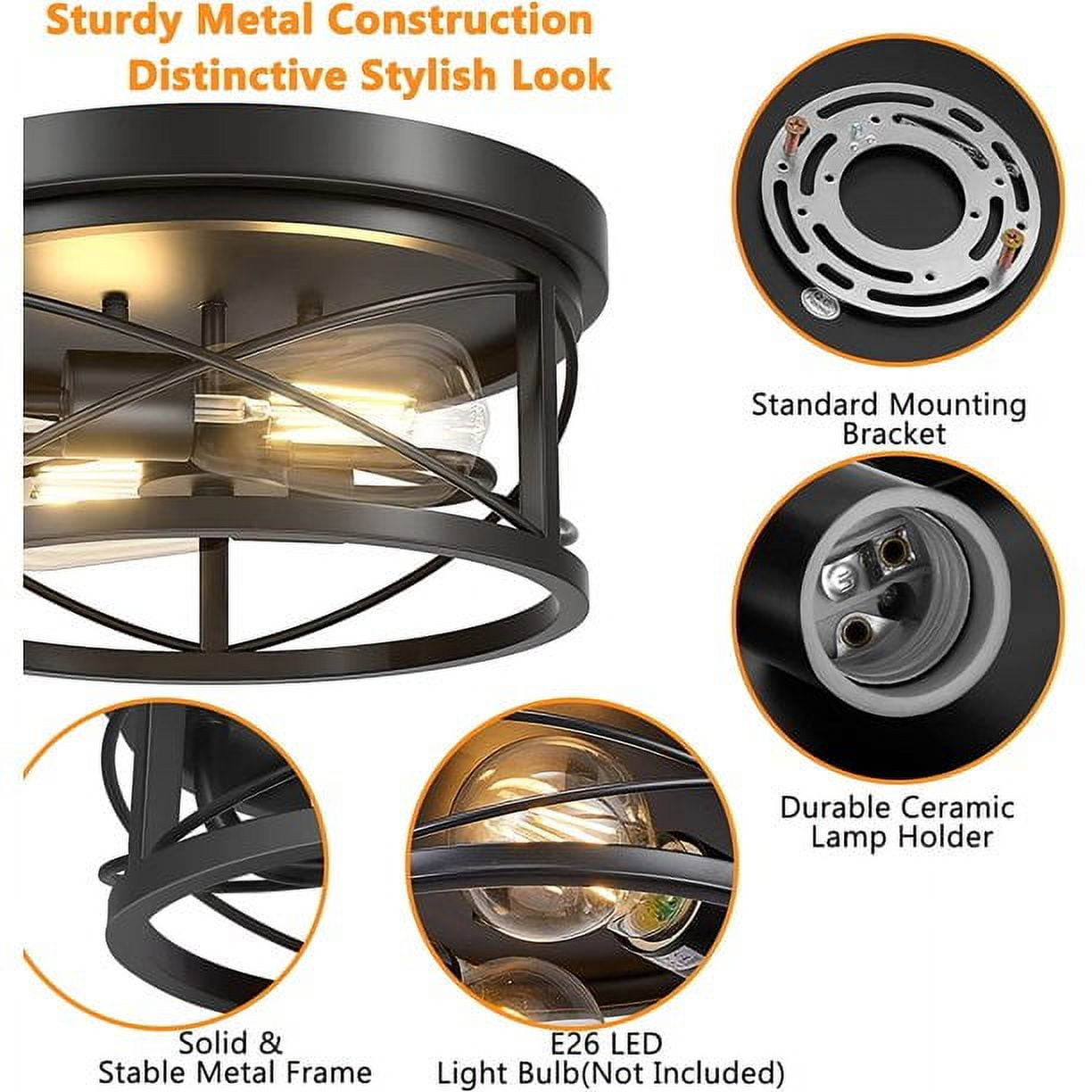 Pynsseu 2-Light Flush Mount Ceiling Light Fixture Industrial Farmhouse Metal Close to Ceiling Lighting (Black, 12 in) riz3l