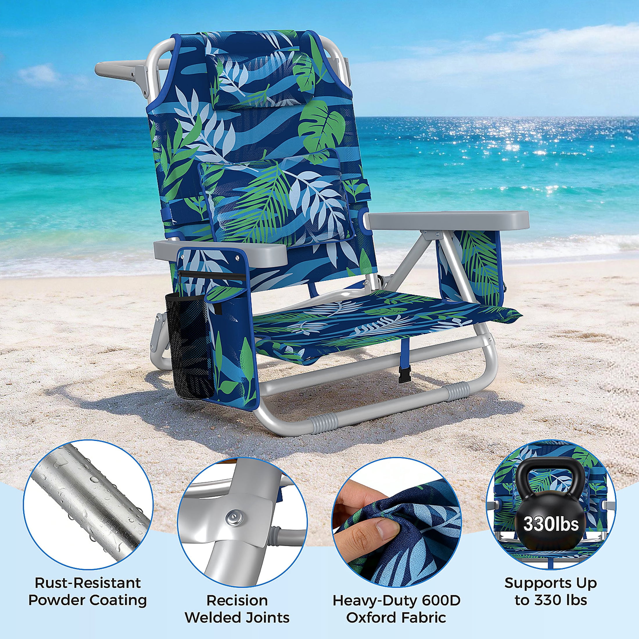 DKMOCO Backpack Beach Chair Folding Camping Chair, Heavy Duty 6-Position Reclining Outdoor Lounge Chair with Cup Holder (Leaf Blue-Green, 1 Pack) 8l8kz