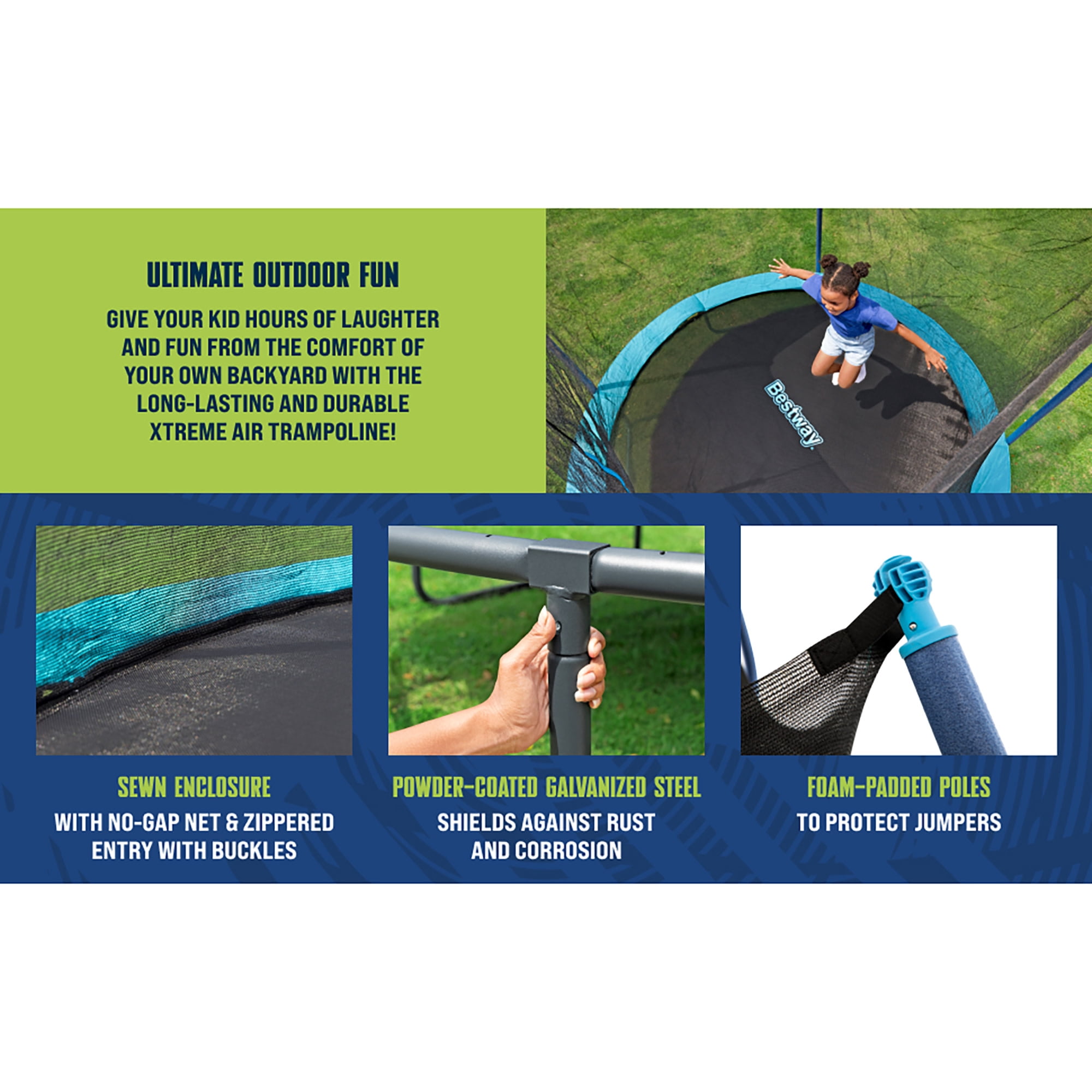 Bestway Xtreme Air Trampoline with Safety Enclosure and Foam-Padded Poles (Blue, 10 ft) 7eu2a