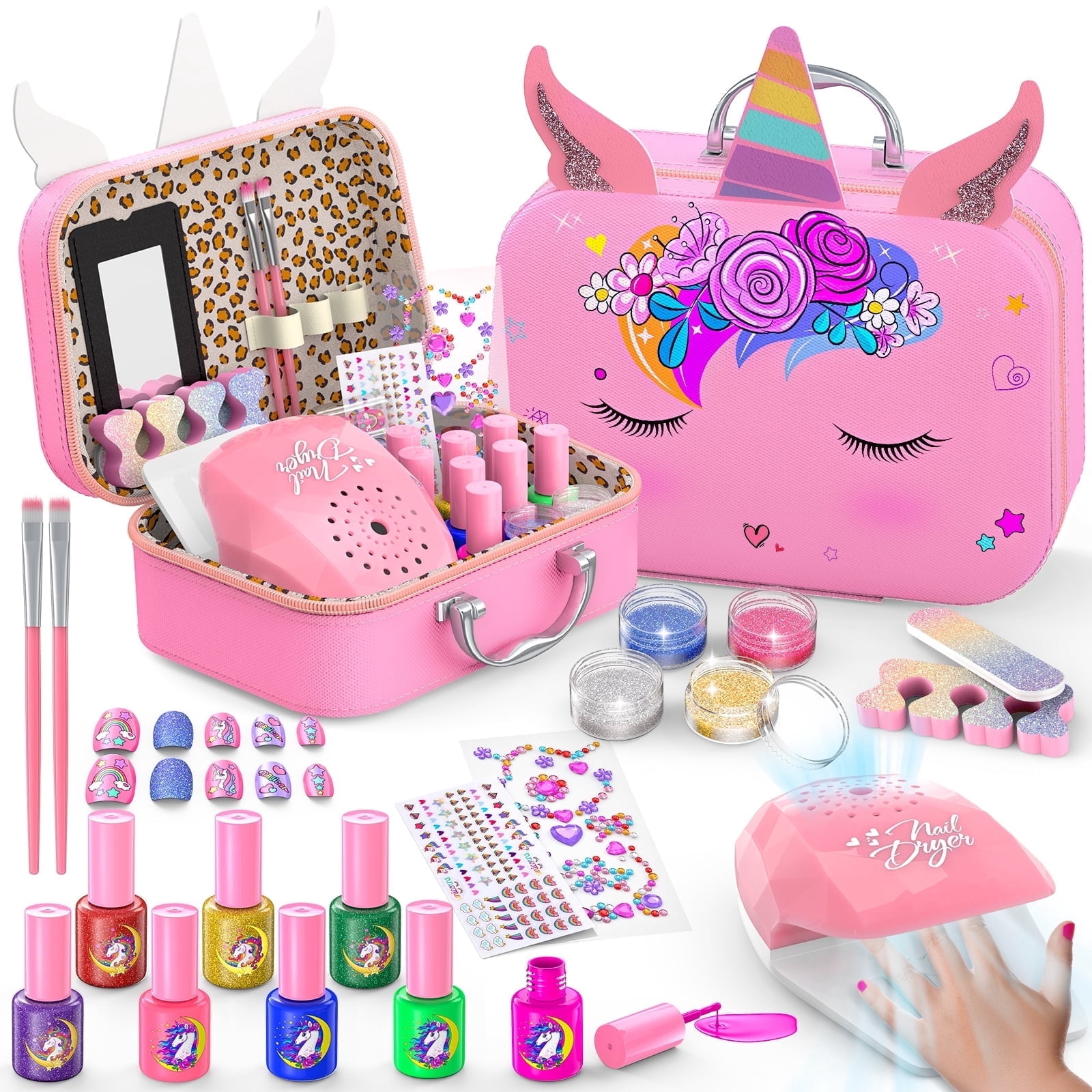 GORISPI Kids Nail Polish Set with Unicorn Storage Case, Peelable Non-Toxic Formula, DIY Nail Art Activity Kit (Pink, 1 Set) t8kj9