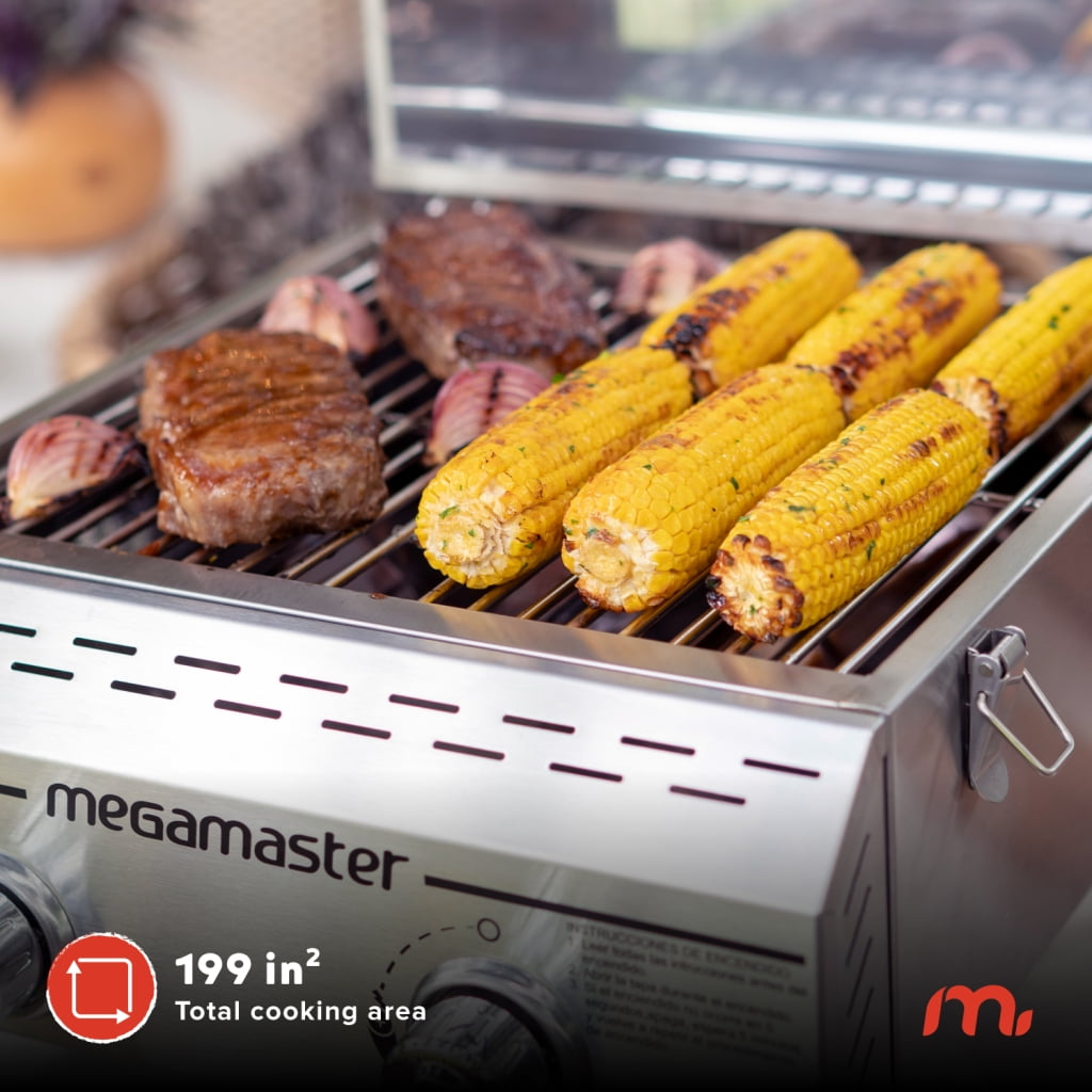 Megamaster 2-Burner Stainless Steel Portable Gas Grill, Tabletop Propane Grill for Camping and Outdoor Cooking (Silver, 199 sq in) 3shmc