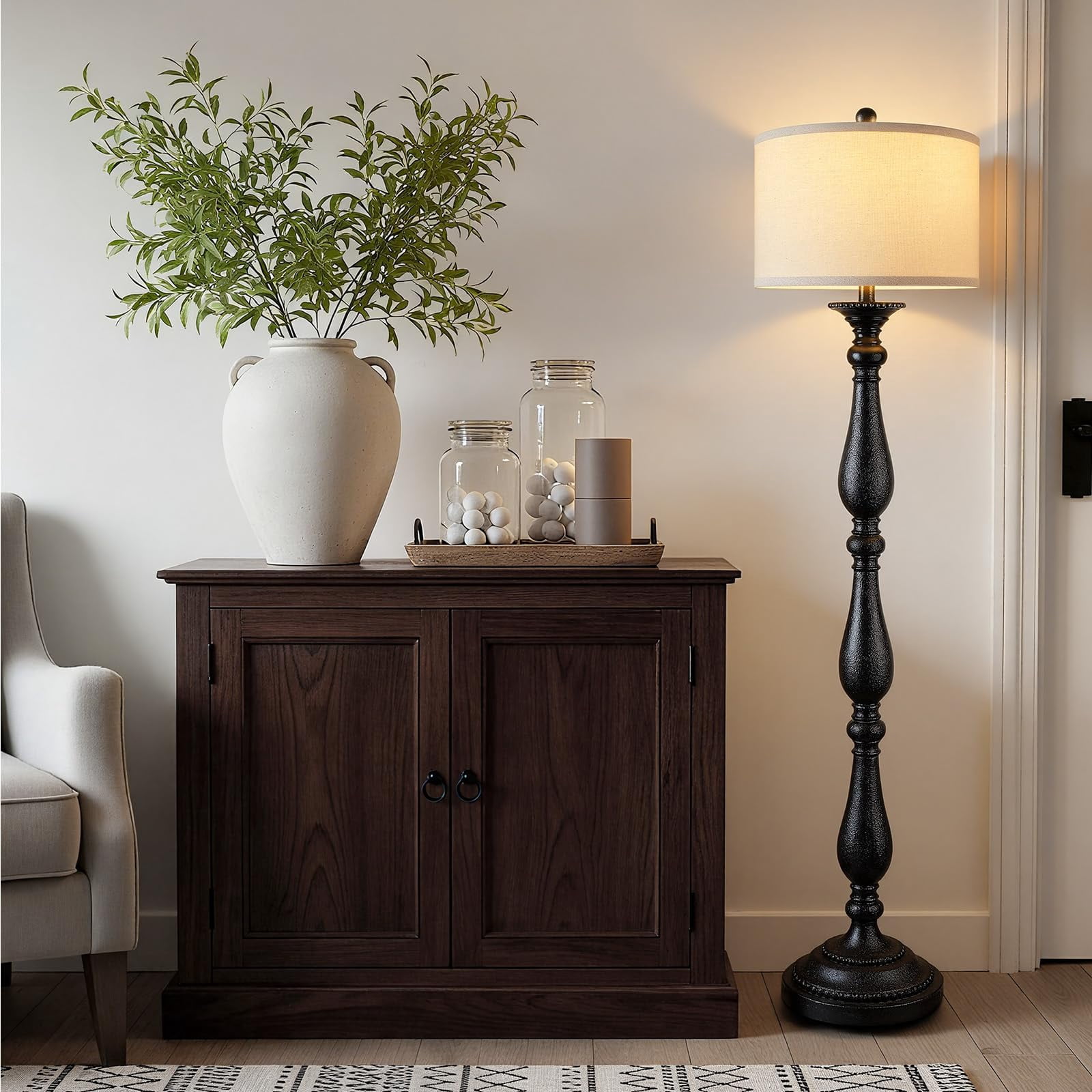 Lumina Decor Vintage Floor Lamp Rustic Farmhouse Standing Light with Linen Shade (Black, 60 in) uay29
