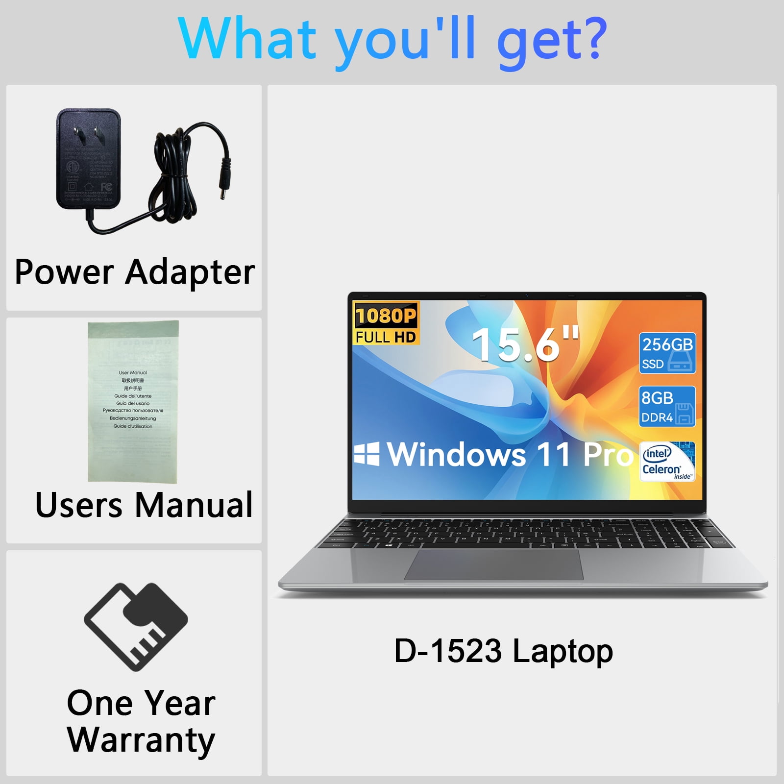 TEMLICOLO 15.6 in Laptop Windows 11 Pro Intel Celeron 8GB RAM 256GB SSD Full HD IPS Display (Silver, 15.6 in) 97p24