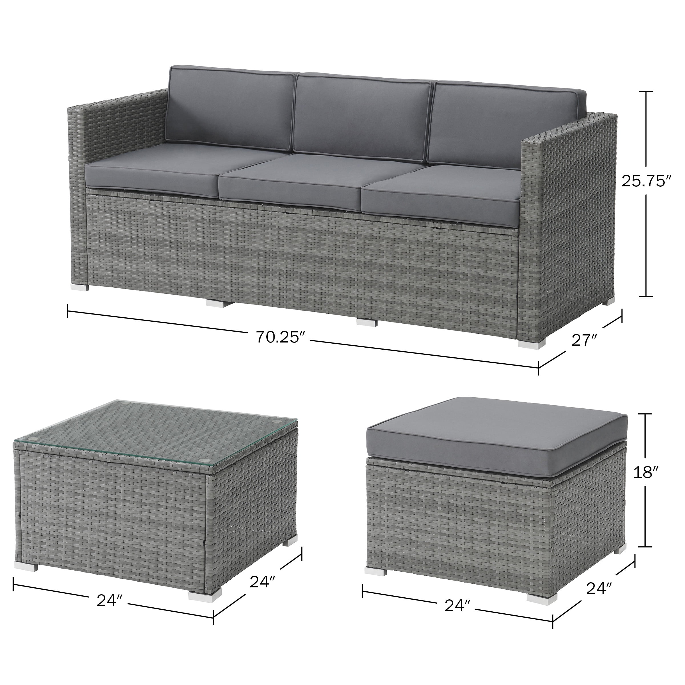 Lavish Home 3-Piece Cushioned Rattan Sectional Sofa Outdoor Patio Furniture Set (Gray, 70.25 in x 27 in x 25.75 in) o1hi6