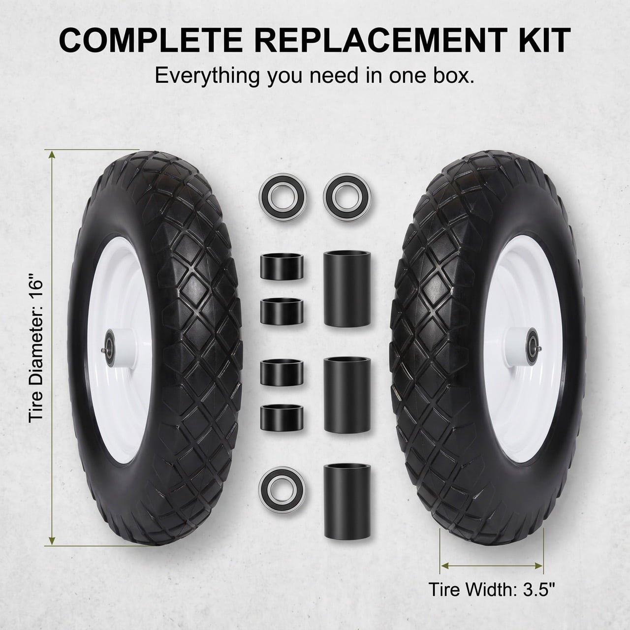 AURESTEYN Flat Free Wheelbarrow Tire and Wheel Replacement Set (Black, 16 in x 3.5 in, 2-Pack) t68xh