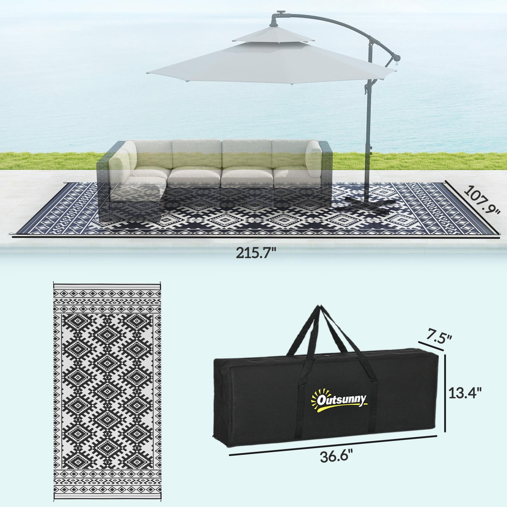 Outsunny Outdoor Patio Rug, Reversible Waterproof Camping Carpet for RV and Garden (Black & White, 9 ft x 18 ft) hr99e