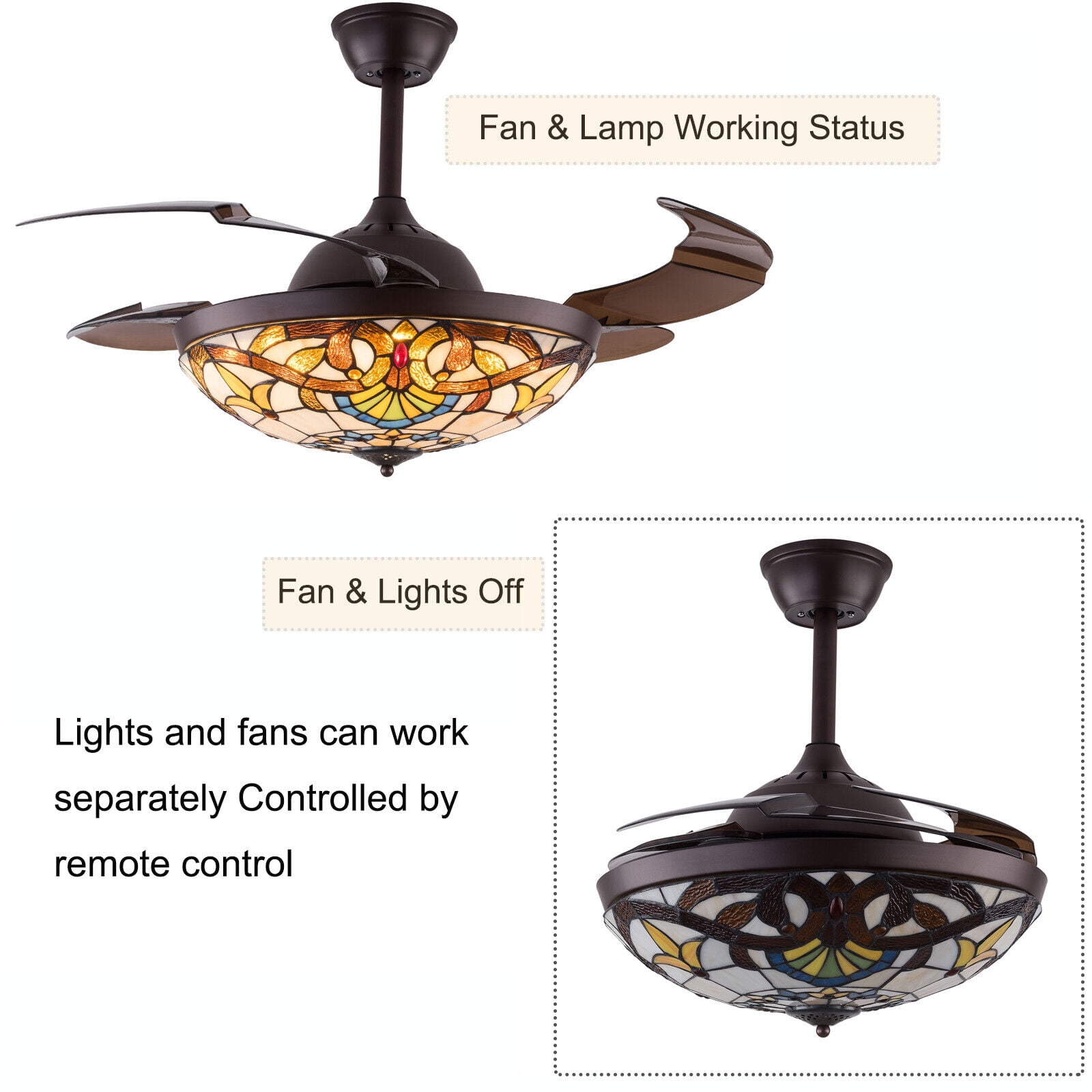 TFCFL 42 in Tiffany Ceiling Fan with LED Light and Retractable Blades (Multicolor, 42 in) or3w6