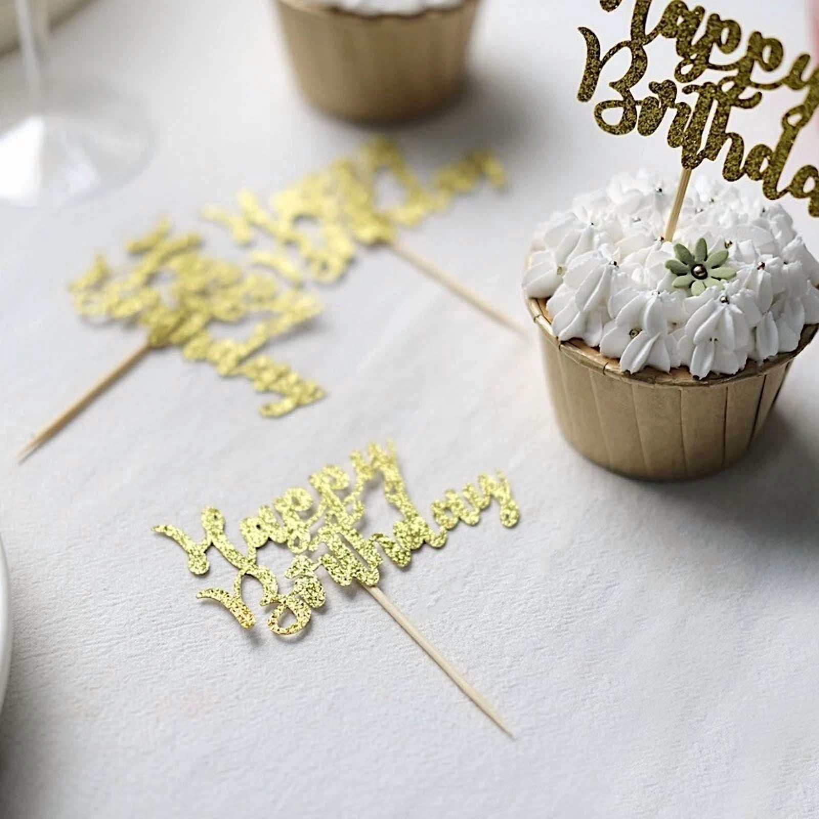 VAULT Happy Birthday Cake Cupcake Toppers Glittered Party Decorations (Gold, 24 Count) 8js29