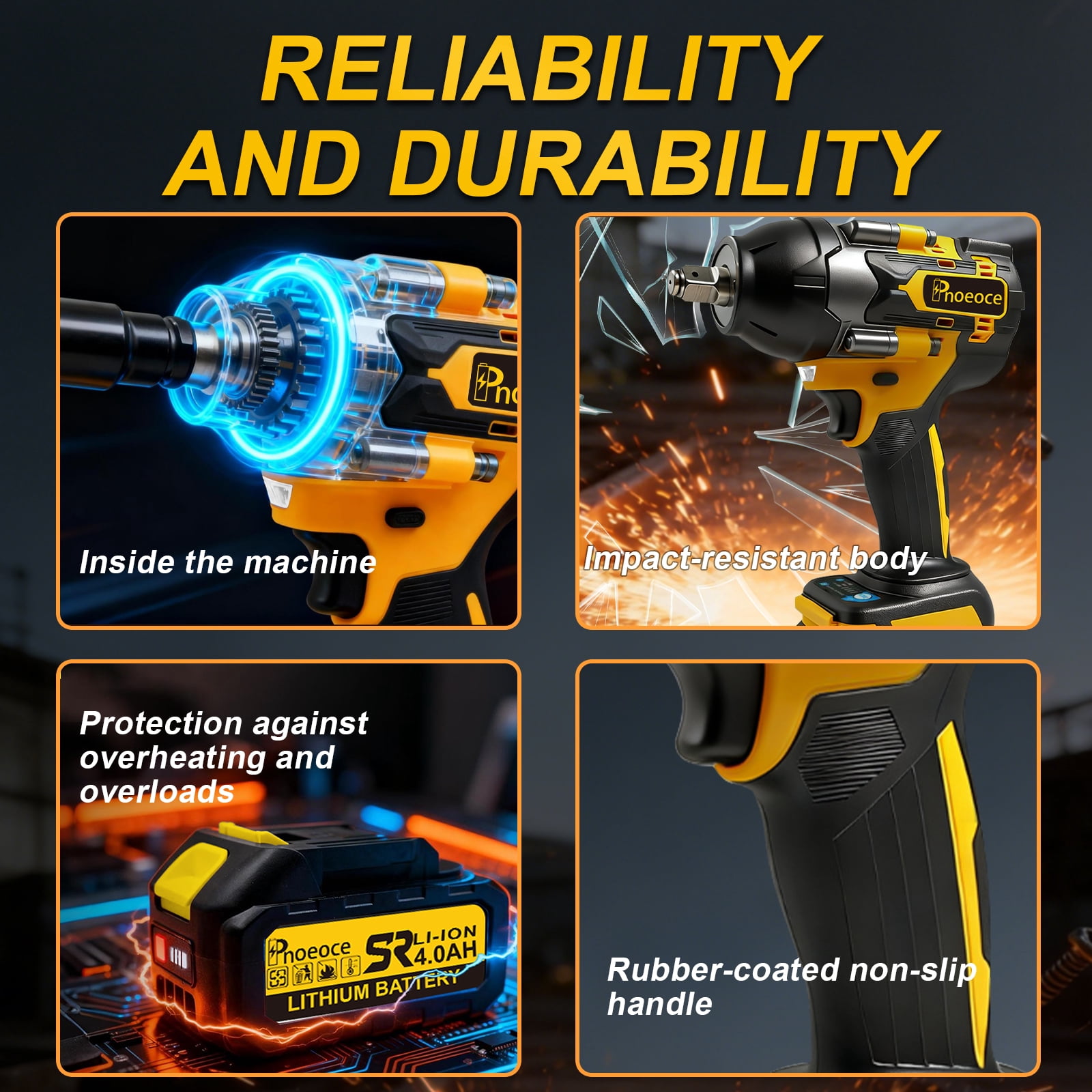 Pnoeoce Brushless Cordless Impact Wrench 20V High Torque 1/2 Inch Drive Power Tool Kit (Yellow, 2 Batteries and 4 Sockets) hq2x8