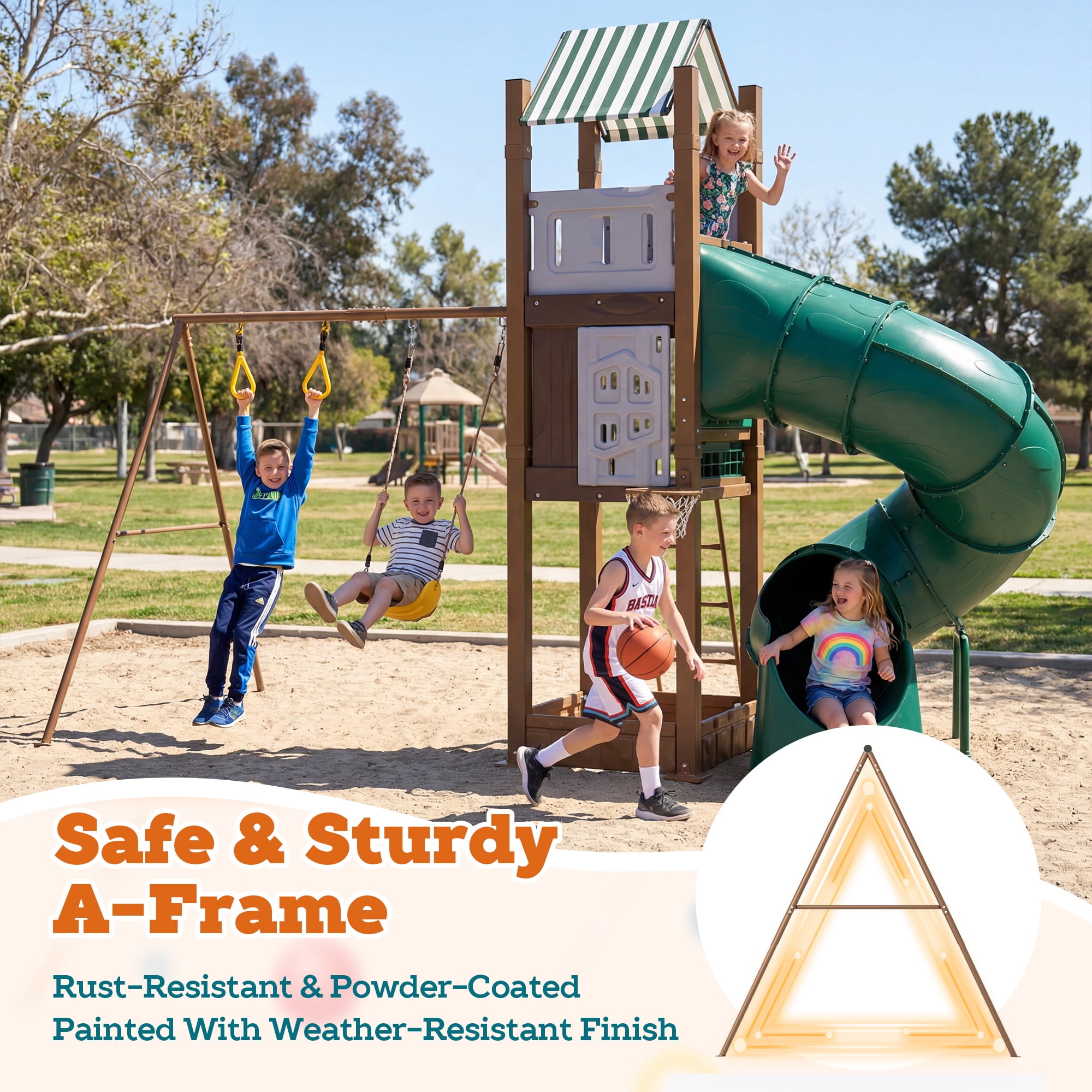 LIZHOUMIL Backyard Playset with Slide, Dual Swings, Climbing Wall, and Sandbox (Heavy-Duty Galvanized Steel, 15 ft x 12 ft) revoo