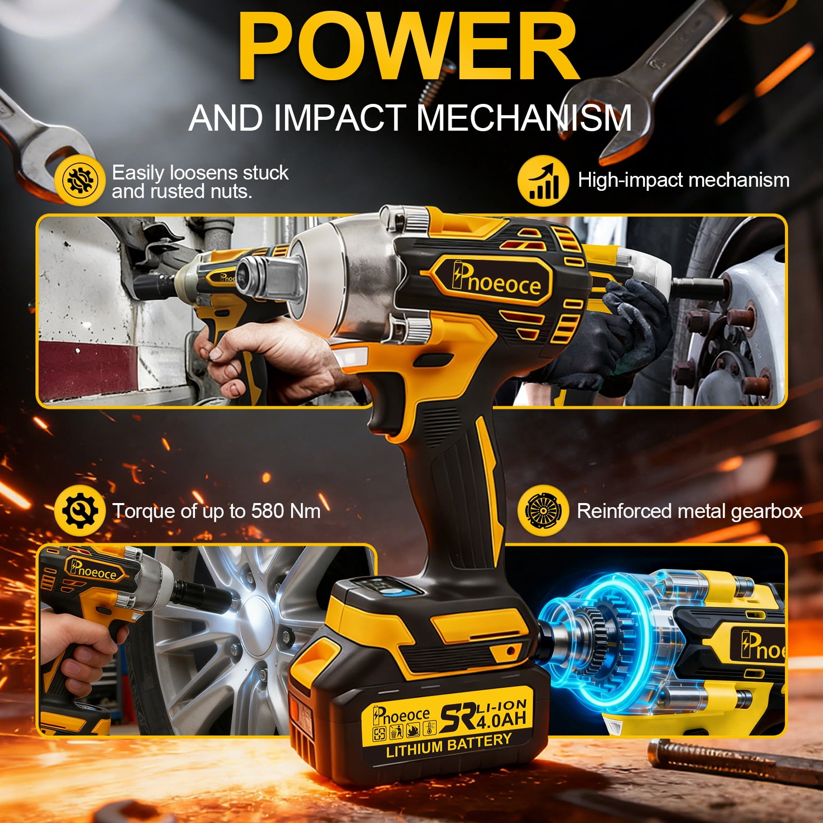 Pnoeoce Brushless Cordless Impact Wrench, 1/2 in High Torque Power Tool, Variable Speed with 2 Batteries (Yellow, 2-Pack) jyi9f