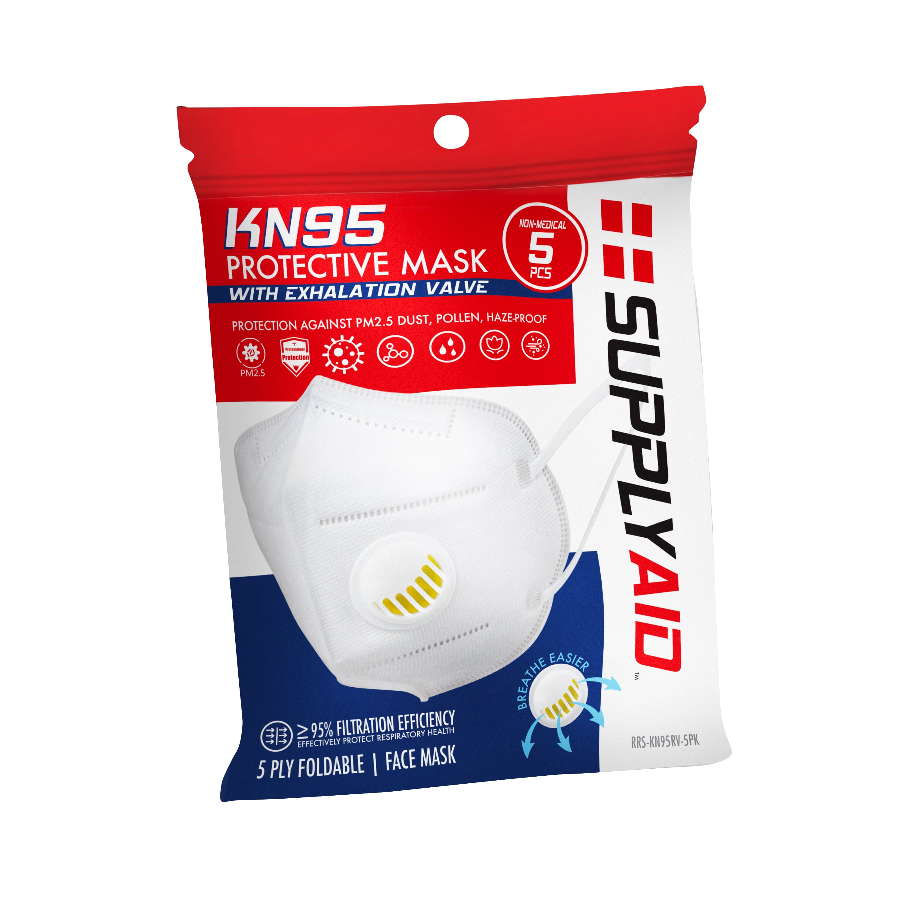 SupplyAID KN95 Protective Face Mask with Exhalation Vent (White, 5-Pack) 9qo6e