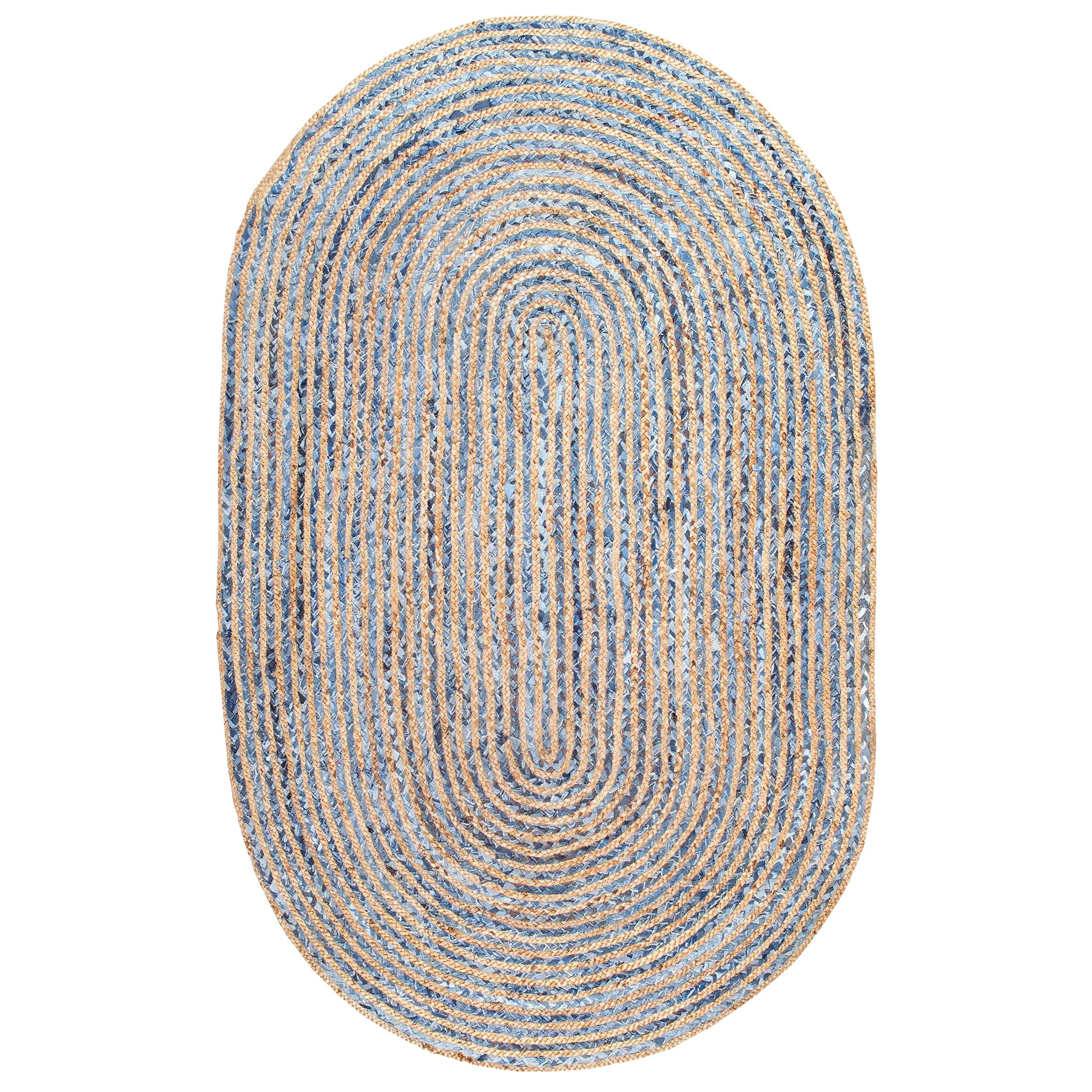 ColorFullHouse Handmade Braided Jute and Denim Cotton Area Rug (Blue, 2.3 ft x 4 ft Oval) 75lzb