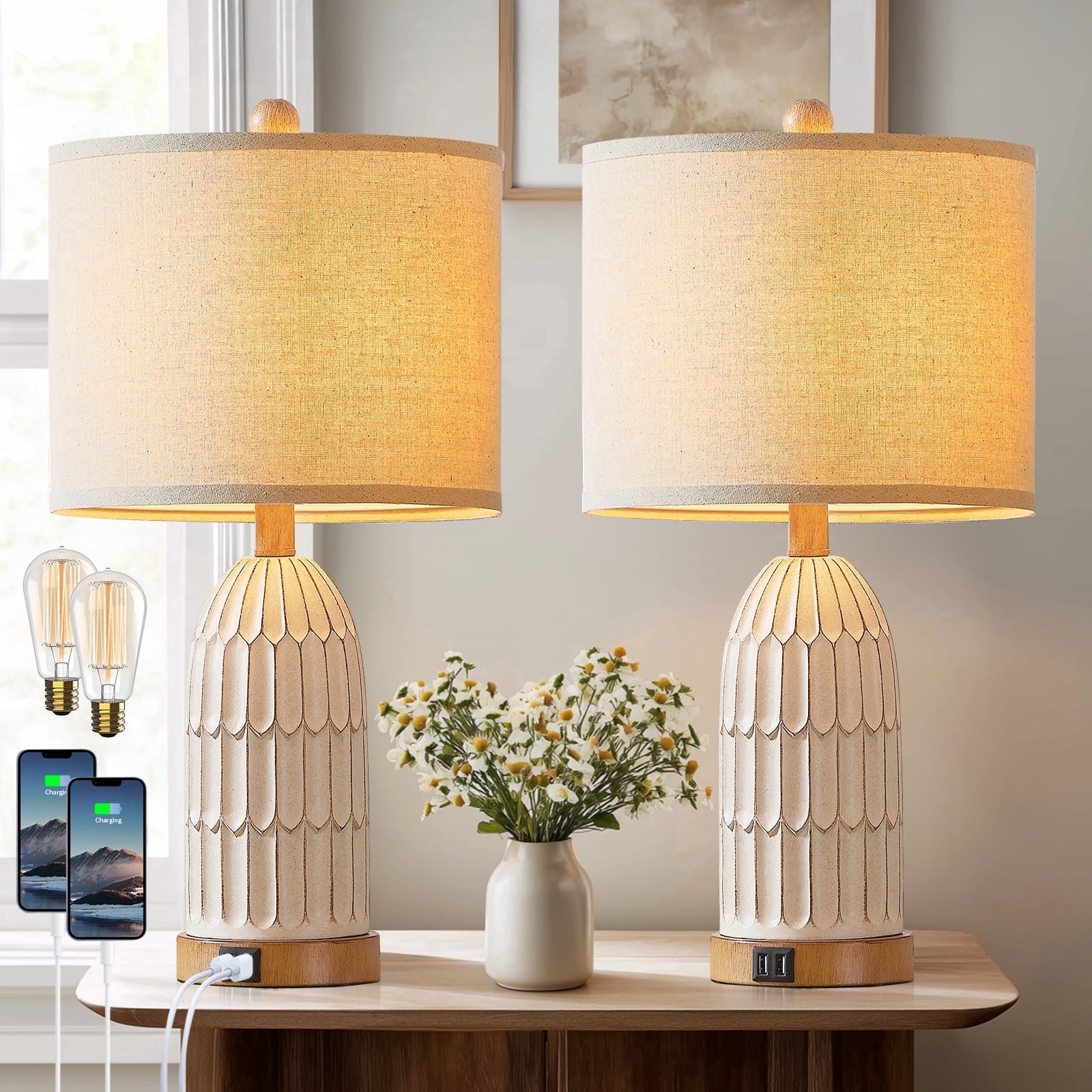 Lolikit Rustic 3-Way Dimmable Touch Table Lamps with USB Ports (Beige, 22 in, Set of 2) wt5mo