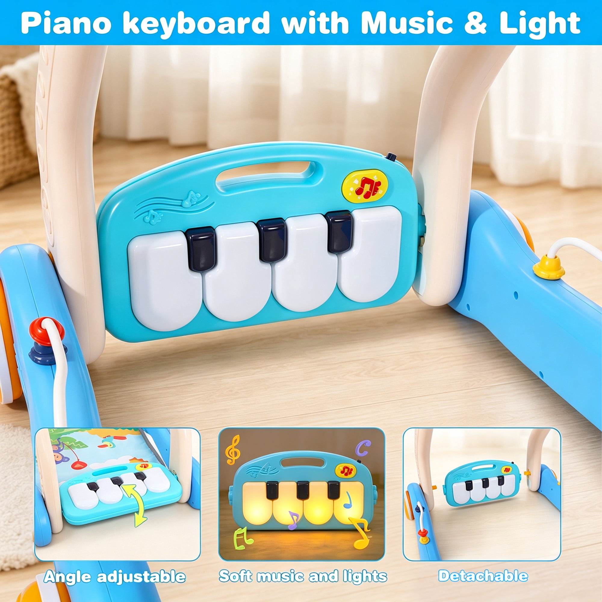 FVLOENG Baby Gym Playmat and Activity Center with Musical Piano and Sensory Toys (Blue, 1 Set) 6mvkn