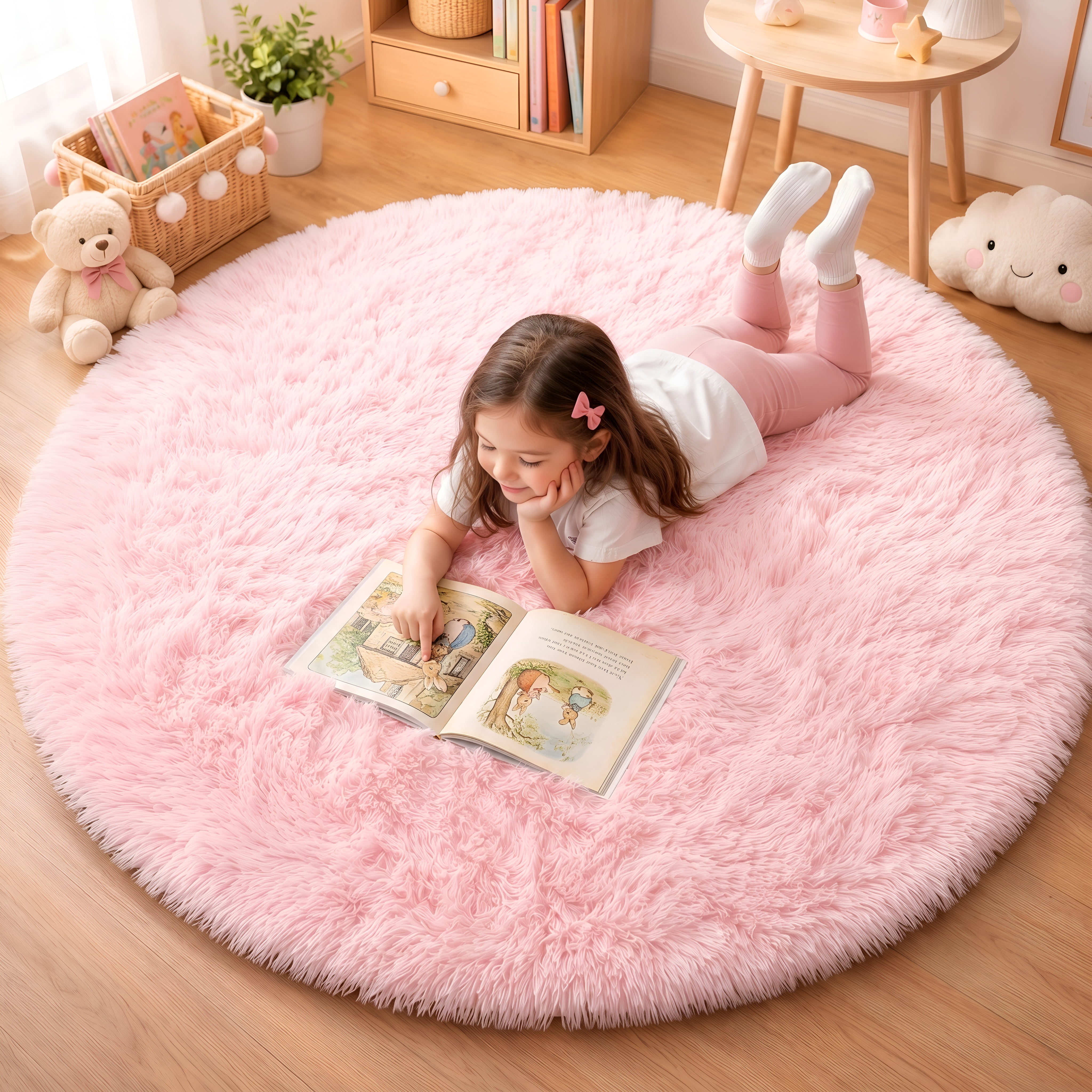 SANMADROLA Super Soft Fluffy Area Rug, Shaggy Plush Carpet for Bedroom and Nursery (Pink, 4x4 ft) dxo00