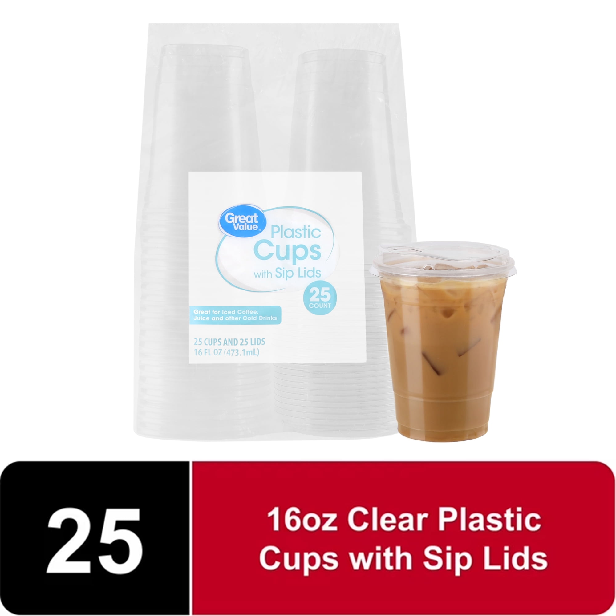 Great Value Disposable Plastic Cups and Lids (Clear, 16 oz, 25 Count) 8k2md