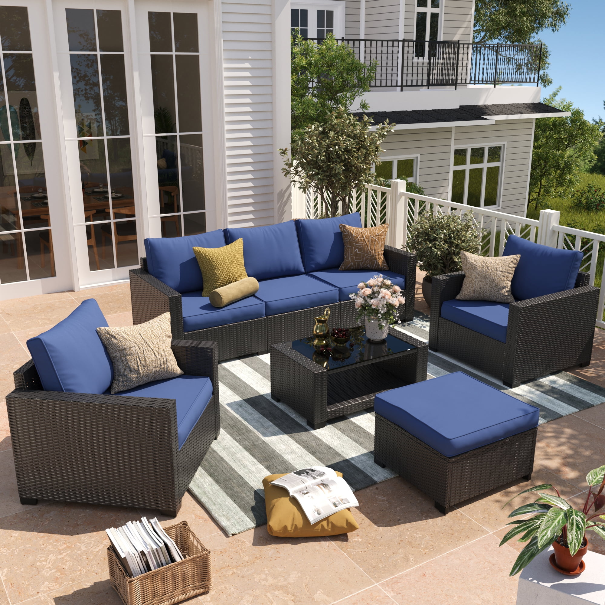 Gasee 7-Piece Outdoor Patio Furniture Set, Rattan Sectional Sofa with Coffee Table (Navy Blue, 7 Pieces) kw1mu