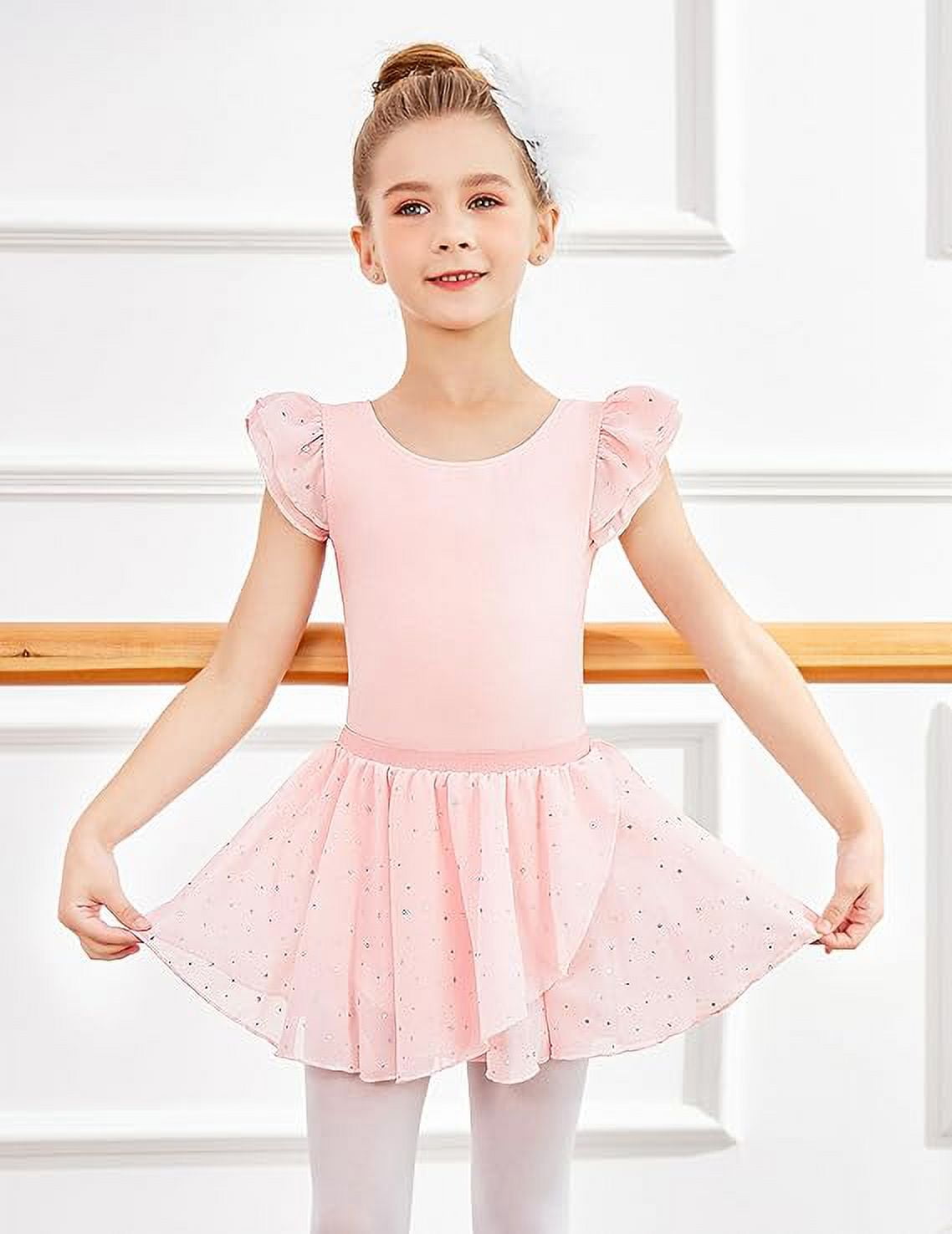 Oudiya Girls Ballet Leotard Set with Removable Sequin Skirt Ruffle Sleeve Bow Back (Pink, 3-11 Years) uf5ke