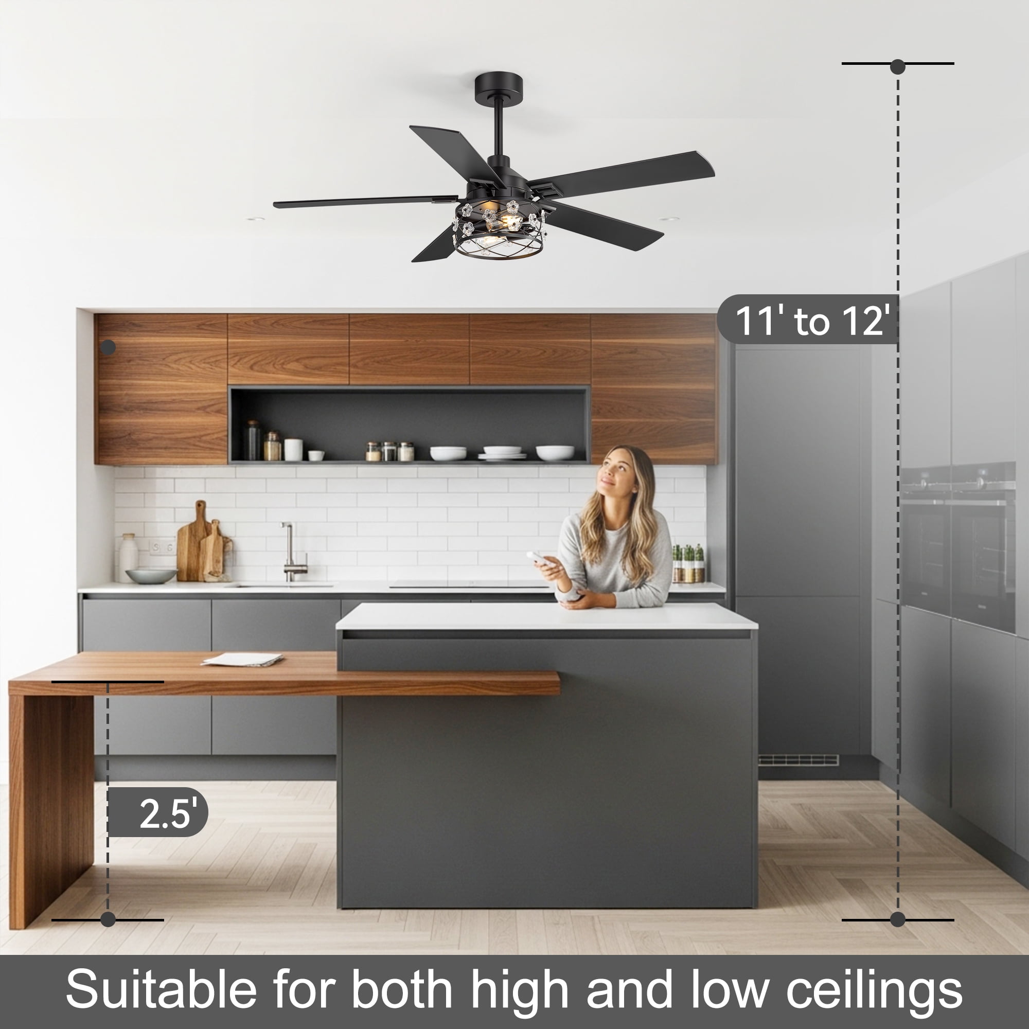ALKAFY 52 in Matte Black Ceiling Fan with Lights - Reversible 5-Blade Design, 6-Speed Remote Control (52 in) ajnmi