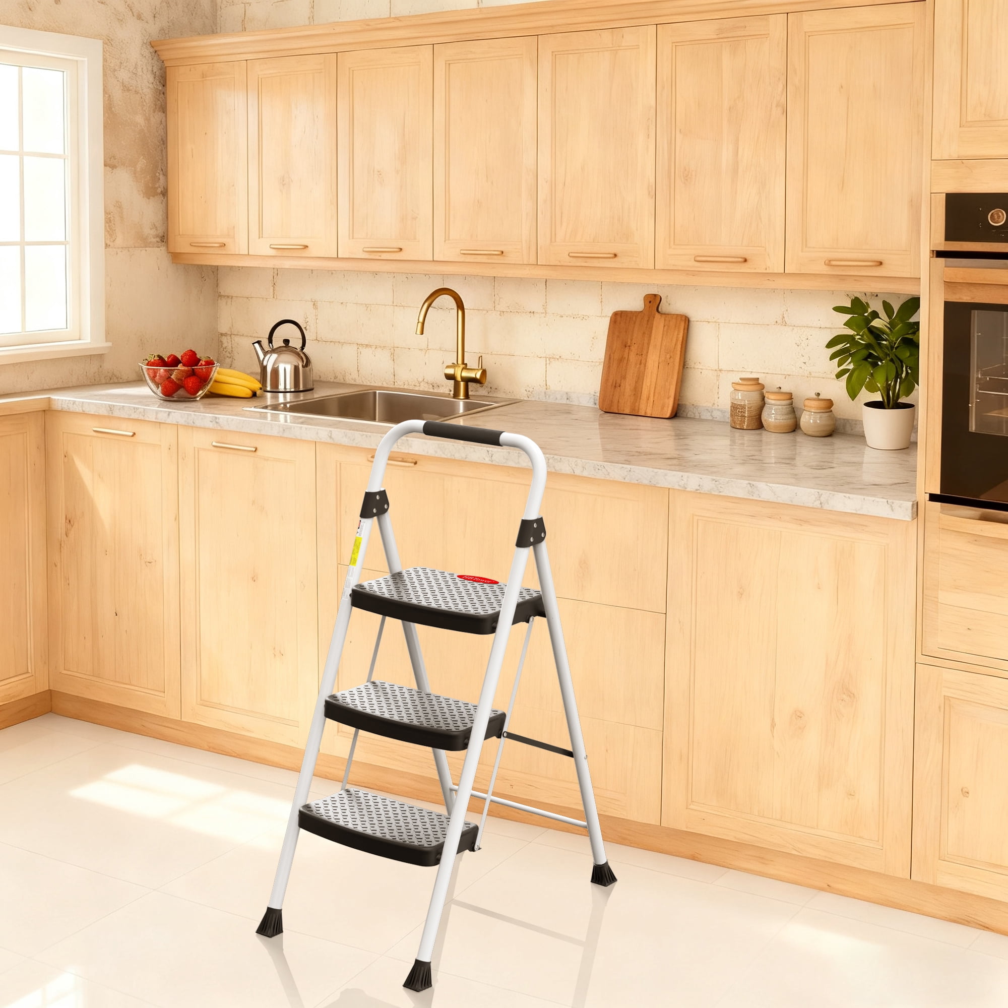HBTower 3-Step Steel Folding Ladder with Snap-Lock (White, 330 lb Capacity) csfav