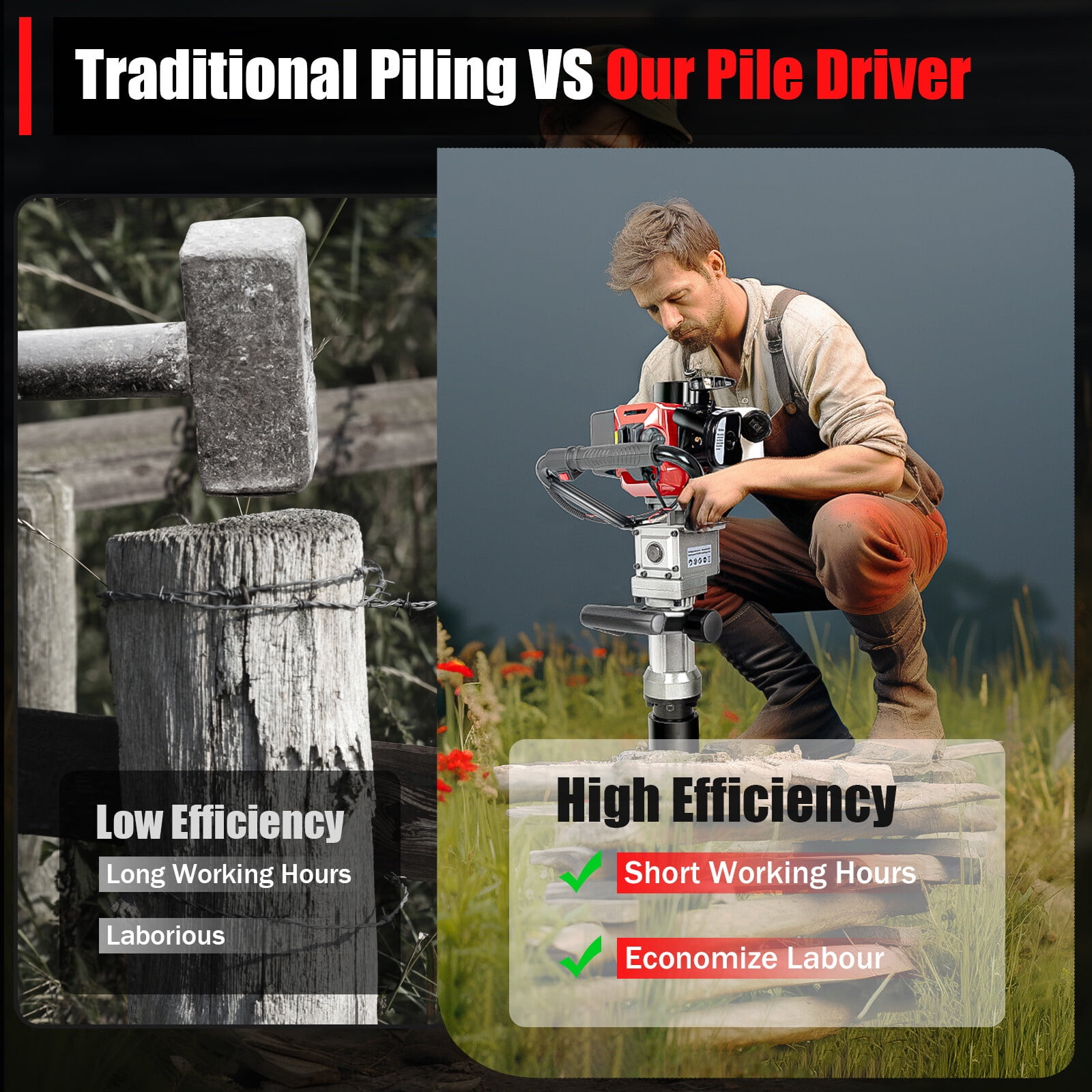 Generic Powered T-Post Pile Driver, 2-Stroke 32.6CC Gasoline Post Pounder with Vibration Dampening (Silver, 32.6CC) m6qm5