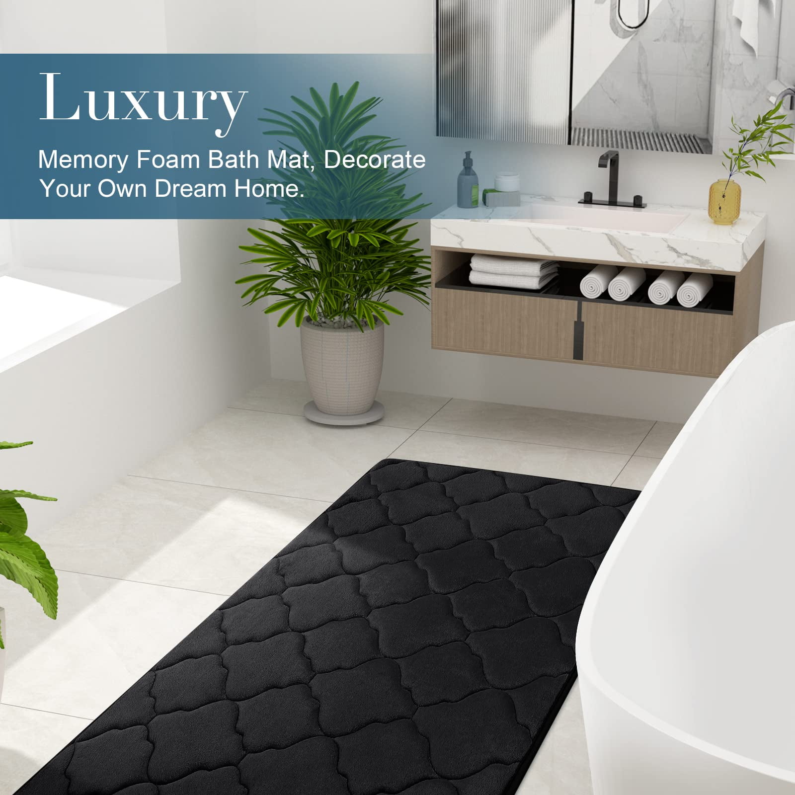 Buganda Memory Foam Bathroom Rug, Ultra Soft Absorbent Non-Slip Bath Mat for Floor (Black, 24 in x 16 in) t3k7q
