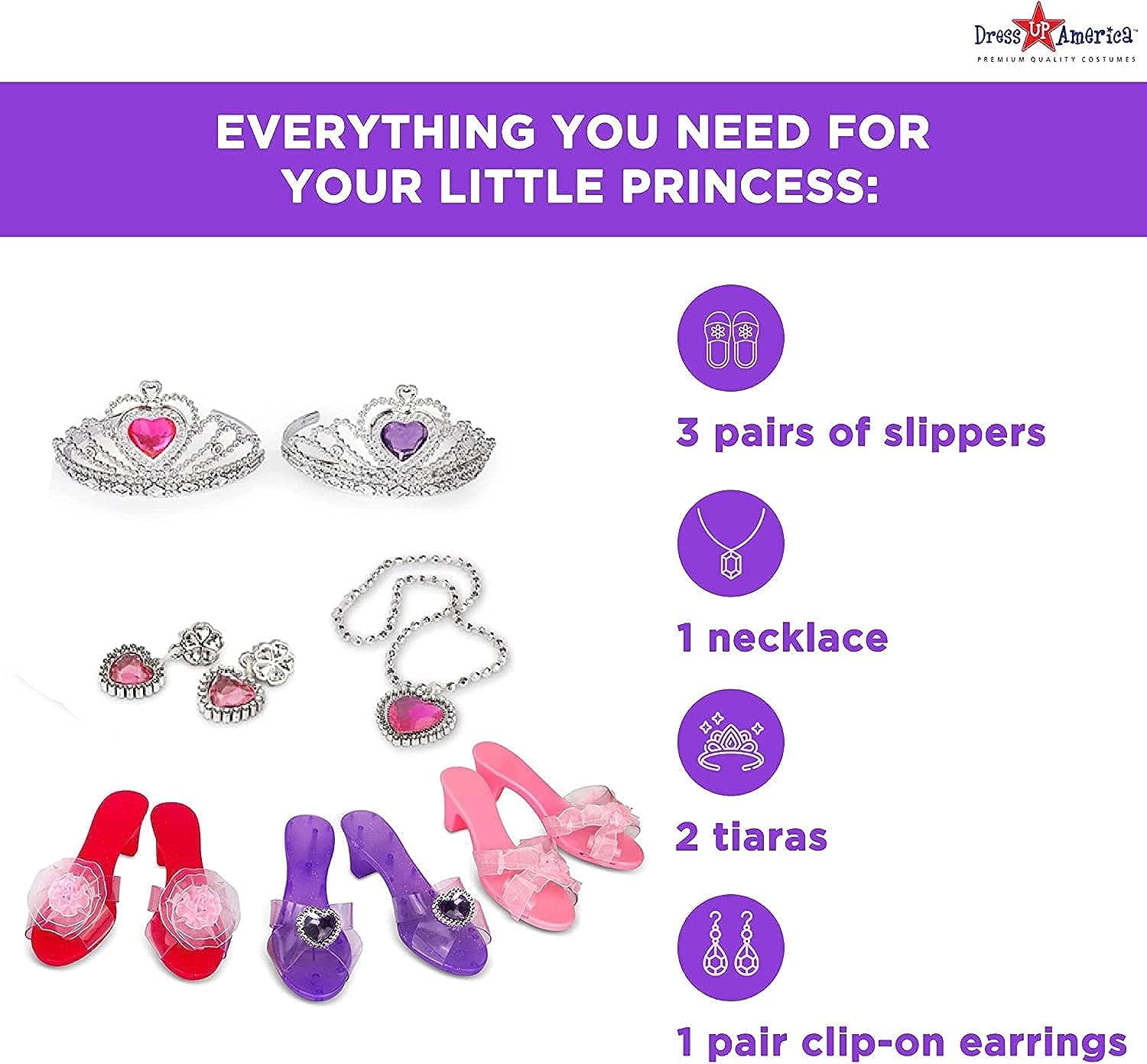 Dress Up America Princess Dress Up Set for Girls, Includes Play Shoes, Tiaras, and Jewelry (One Size) 4wco0