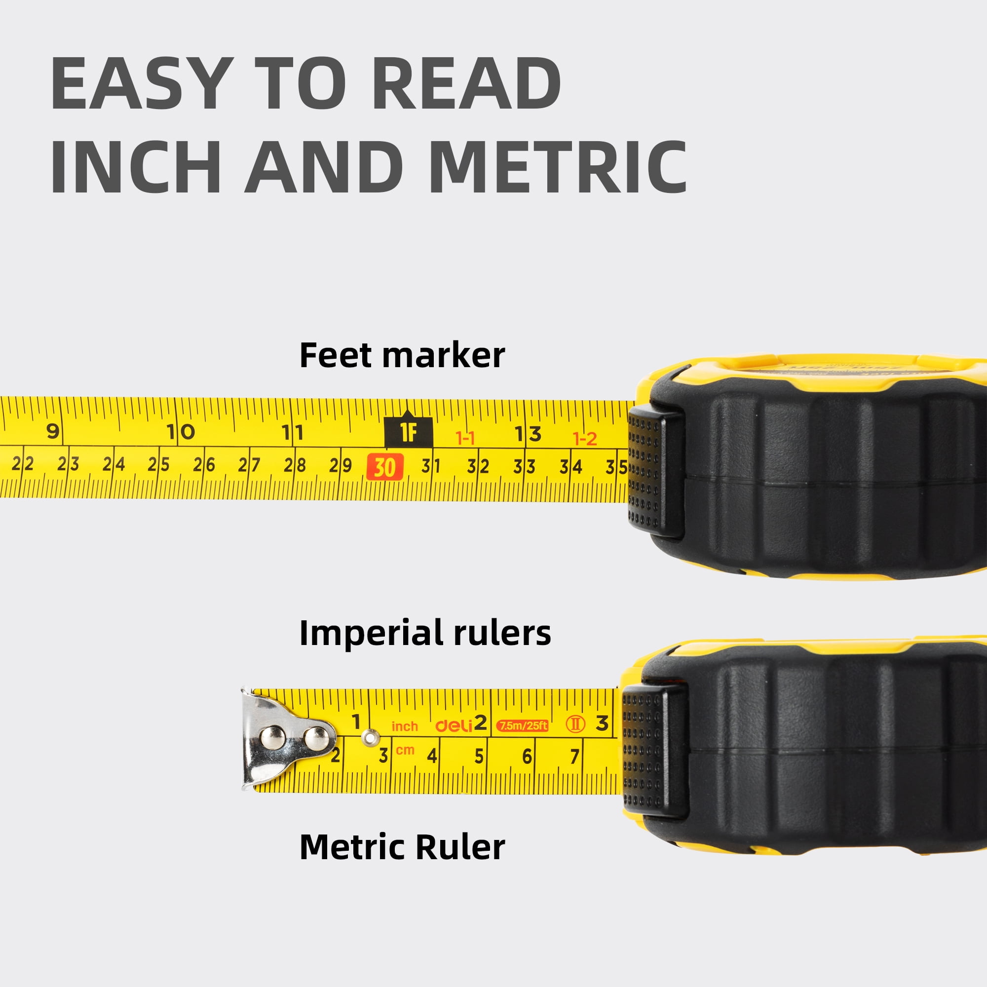 Deli Auto-Lock Steel Tape Measure, Heavy-Duty Retractable Measuring Tool with Rubberized Grip (Yellow, 25 ft) yani5