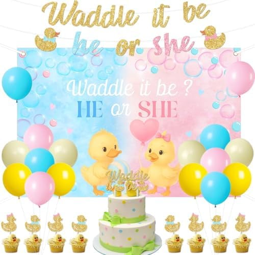 Duck Gender Reveal Party Decoration Set with Backdrop Banner Cake Toppers and Balloons (Blue and Pink, 1 Set) nxeic