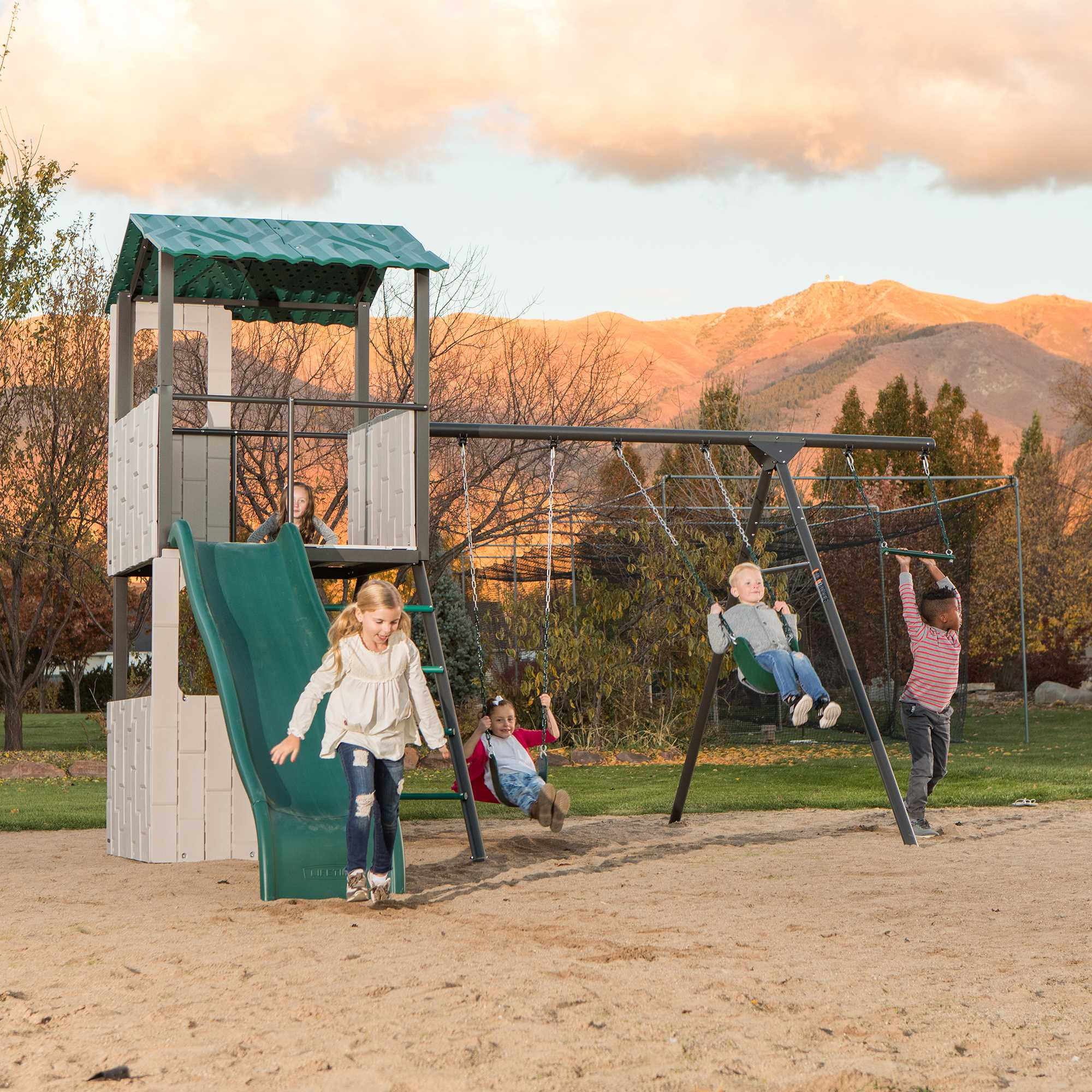 Lifetime Adventure Clubhouse Swing Set with Slide, Belt Swings, and Trapeze Bar (1 Unit) nj4r0