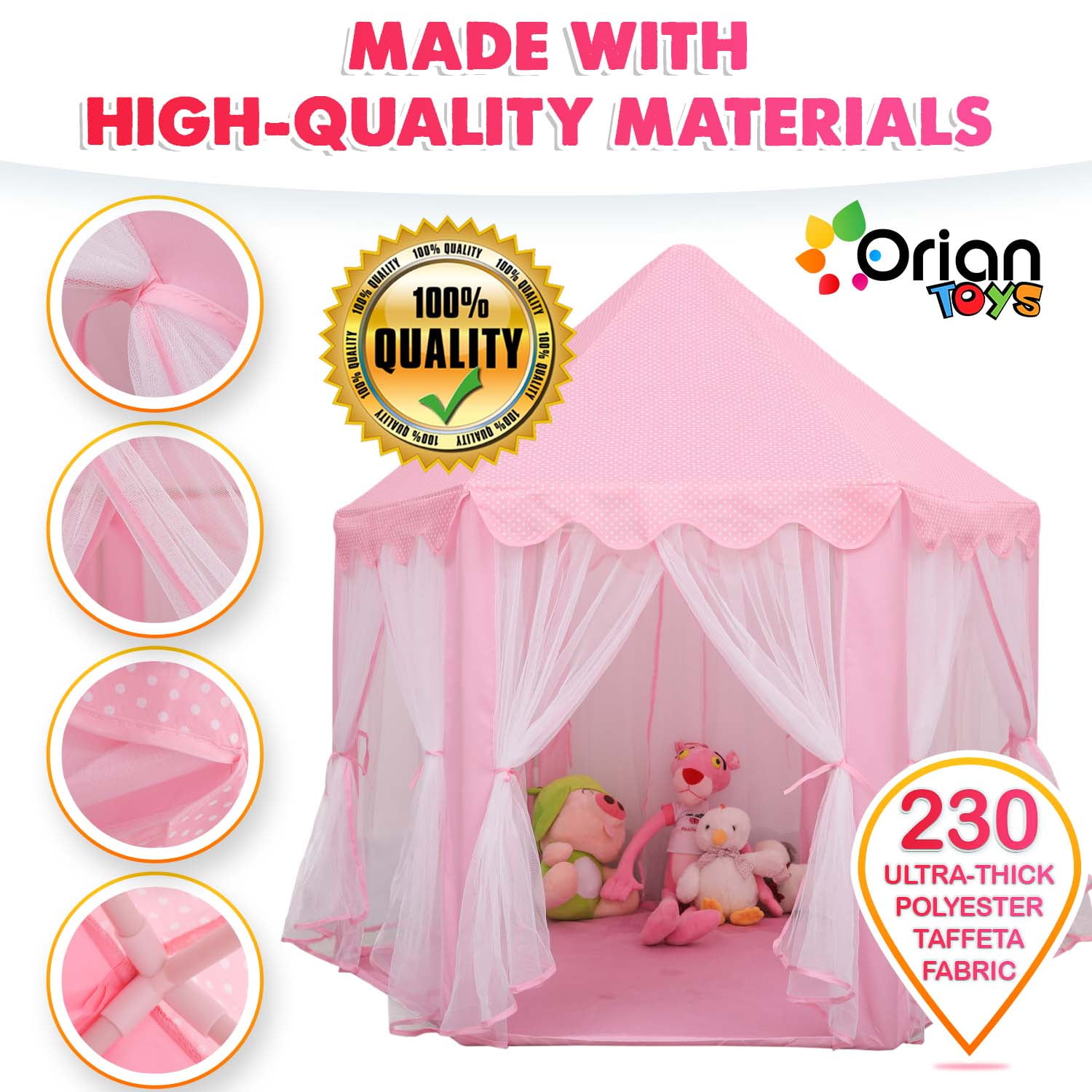ORIAN TOYS Princess Castle Playhouse Tent with LED Star Lights, Indoor & Outdoor Kids Play Tent (Pink, 55 in x 53 in) qufwh