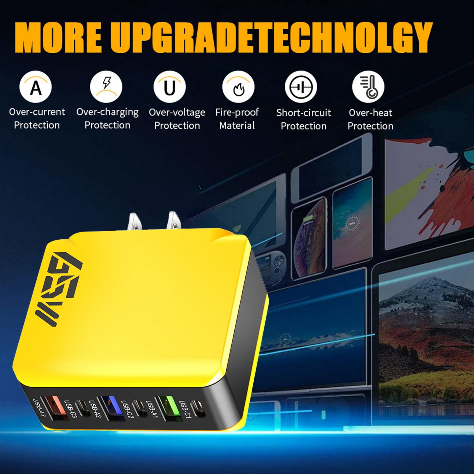 Konghyp 65W Multi Port Fast Charging Hub, 6-in-1 USB-C and USB-A Desktop Charger, Compact Travel Power Adapter (Yellow, 65W) jm8no