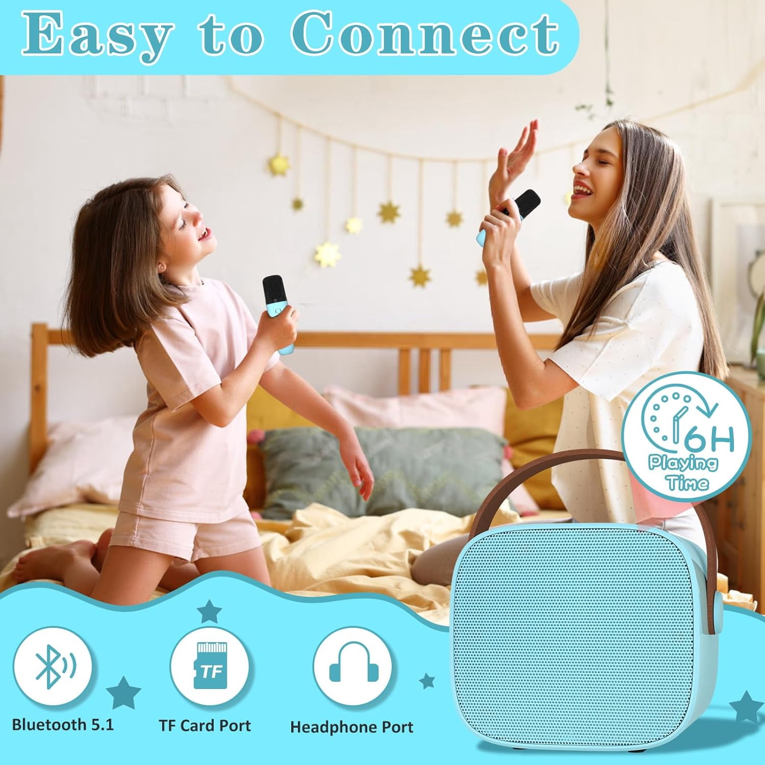 PayUSD Portable Karaoke Machine with 2 Wireless Microphones, Bluetooth Speaker for Parties (Blue, 1 Unit) wht71