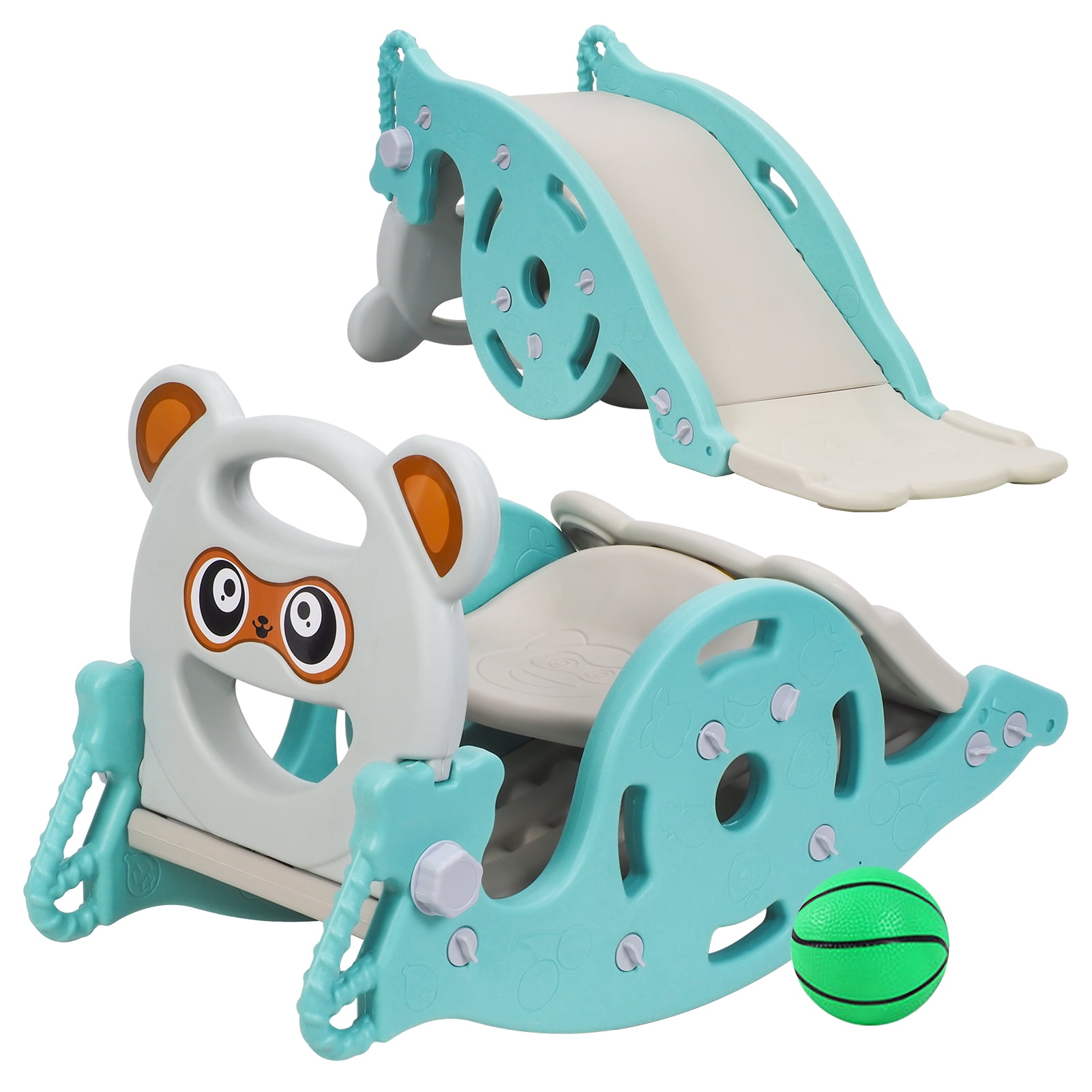 Anvazise 4-in-1 Kids Activity Center, Convertible Rocking Horse and Slide with Basketball Hoop (Green) oetqu
